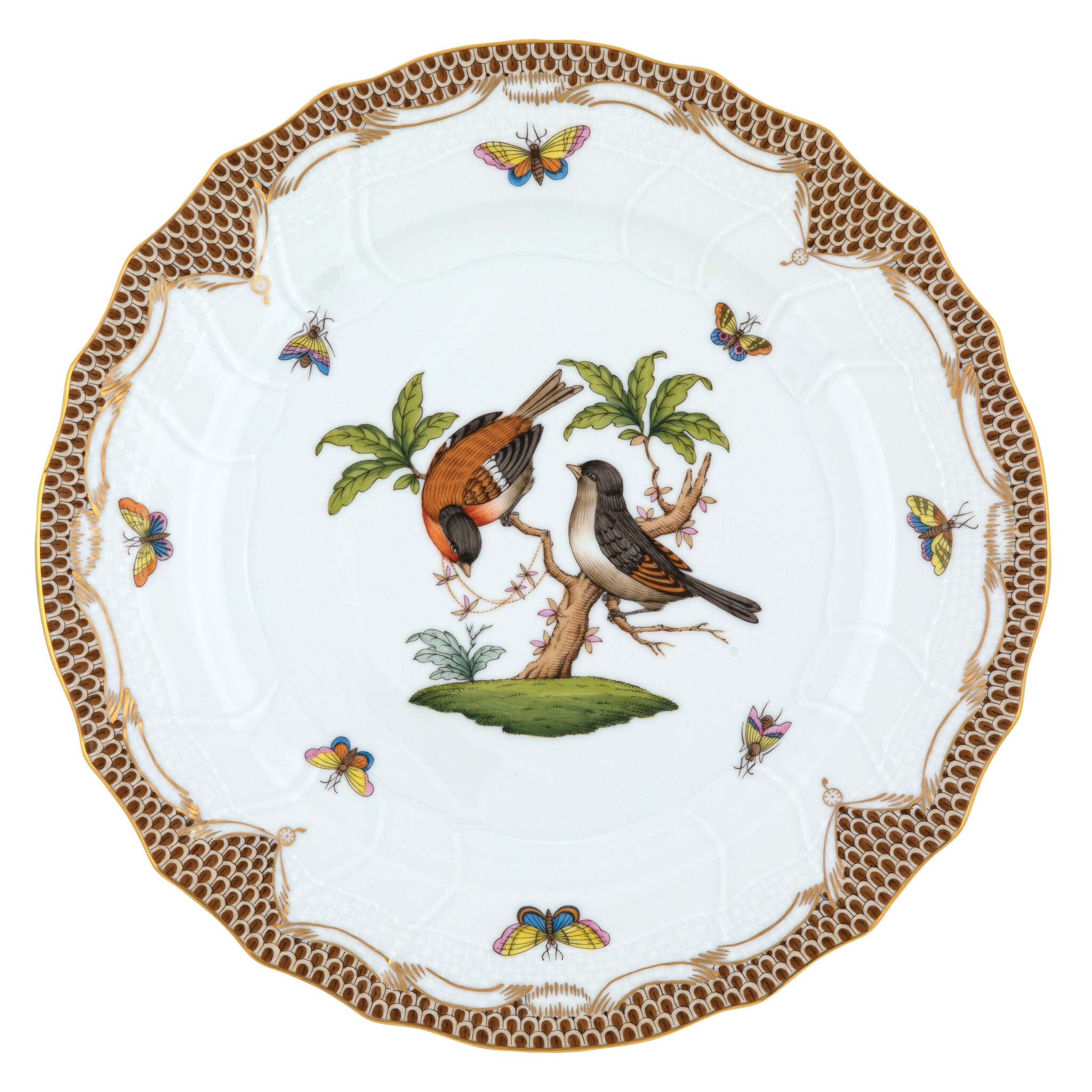 Hand-painted Herend Rothschild Bird Brown Border Dinner Plate, Motif 12, in fine porcelain, 10.5in D, on a white background