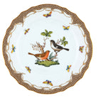 Hand-painted Herend Rothschild Bird Brown Border Dinner Plate, Motif 5, in fine porcelain, 10.5in D, on a white background