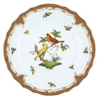 Hand-painted Herend Rothschild Bird Brown Border Dinner Plate, Motif 6, in fine porcelain, 10.5in D, on a white background