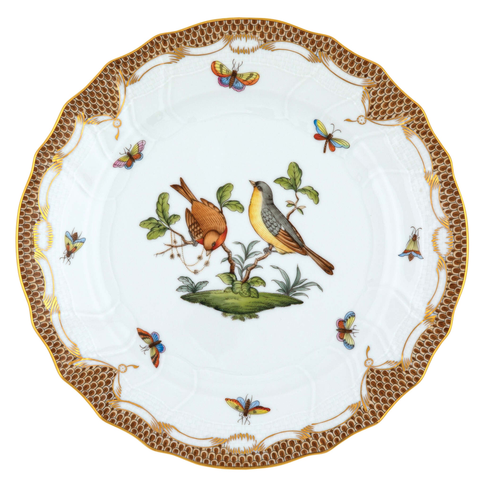Hand-painted Herend Rothschild Bird Brown Border Dinner Plate, Motif 7, in fine porcelain, 10.5in D, on a white background