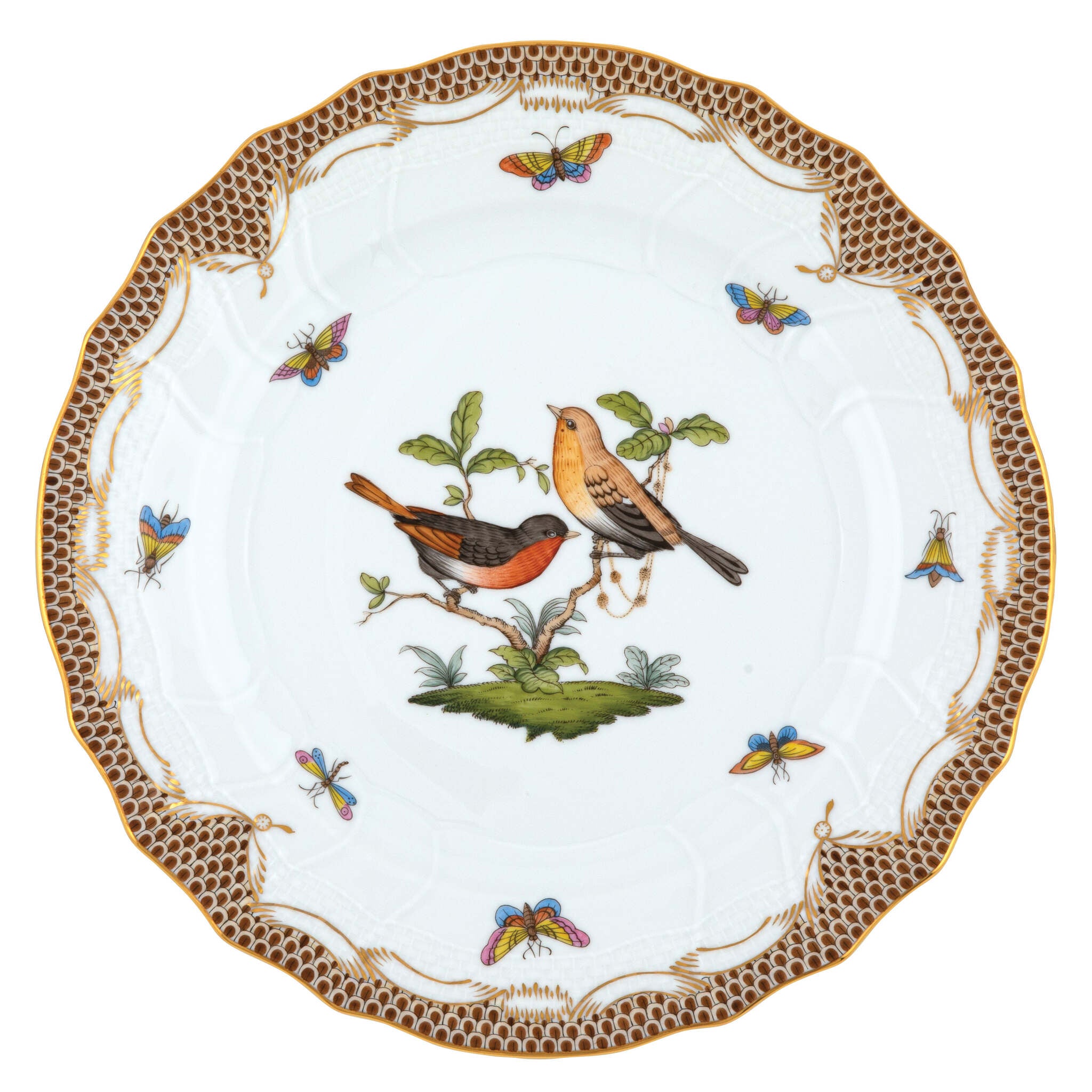 Hand-painted Herend Rothschild Bird Brown Border Dinner Plate, Motif 9, in fine porcelain, 10.5in D, on a white background