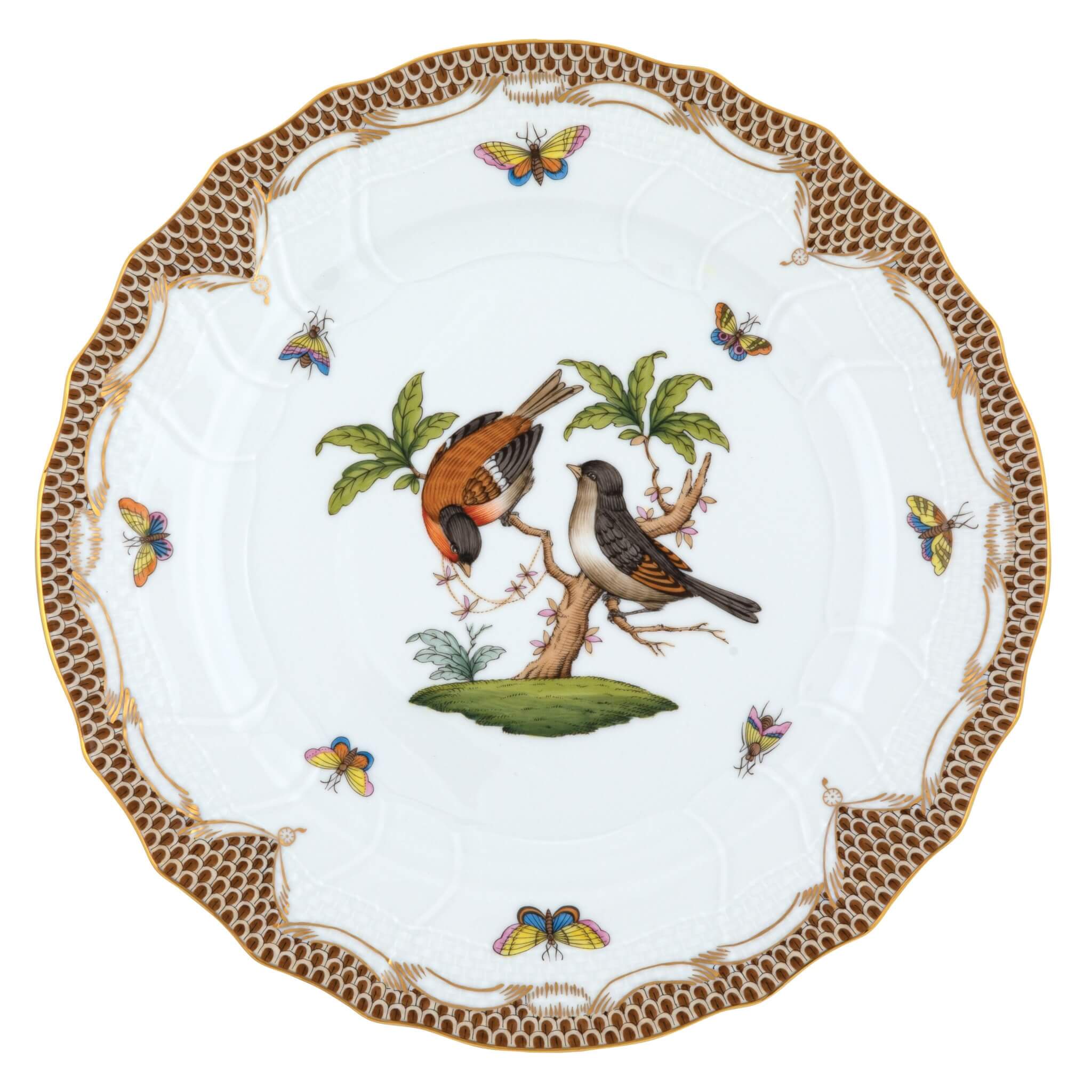 Hand-painted Herend Rothschild Bird Brown Border Dinner Plate in fine porcelain, 10.5in D, on a white background