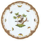 Hand-painted Herend Rothschild Bird Brown Border Dinner Plate in fine porcelain, 10.5in D,, Motif 1, on a white background