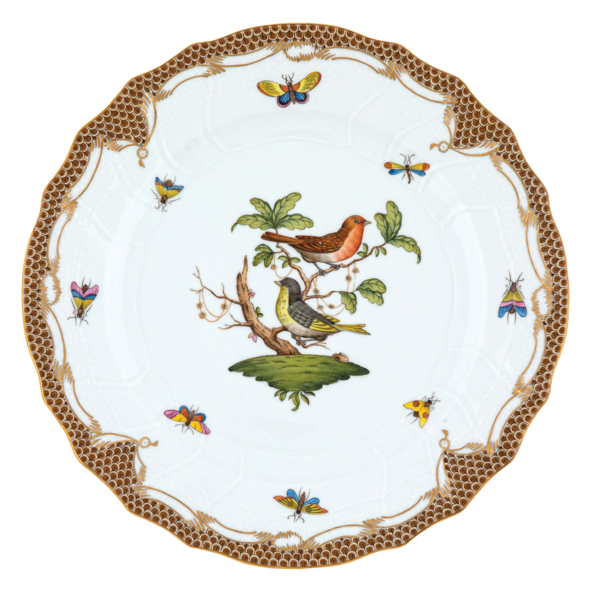Hand-painted Herend Rothschild Bird Brown Border Dinner Plate in fine porcelain, 10.5in D,, Motif 3, on a white background