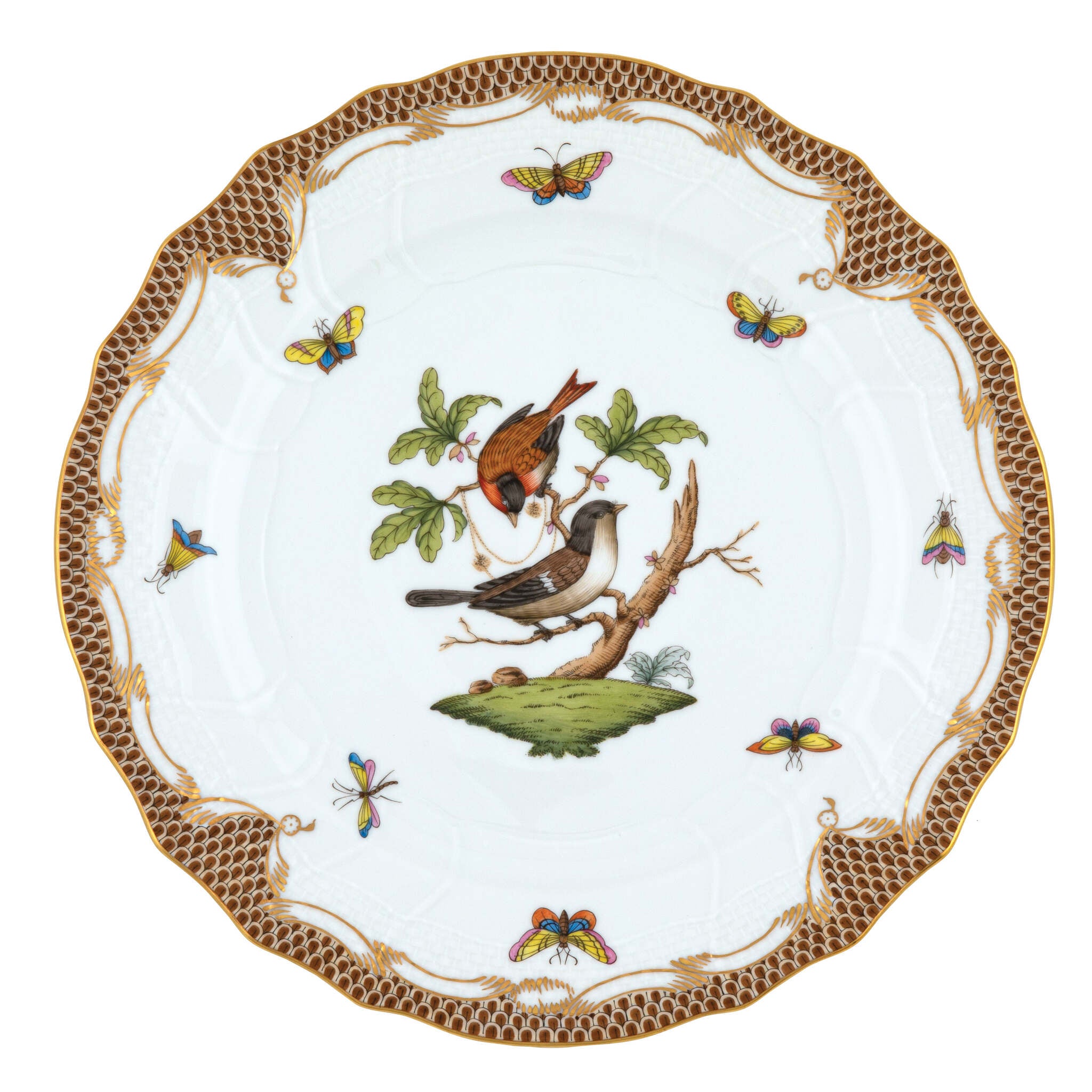 Hand-painted Herend Rothschild Bird Brown Border Dinner Plate in fine porcelain, 10.5in D,, Motif 4, on a white background