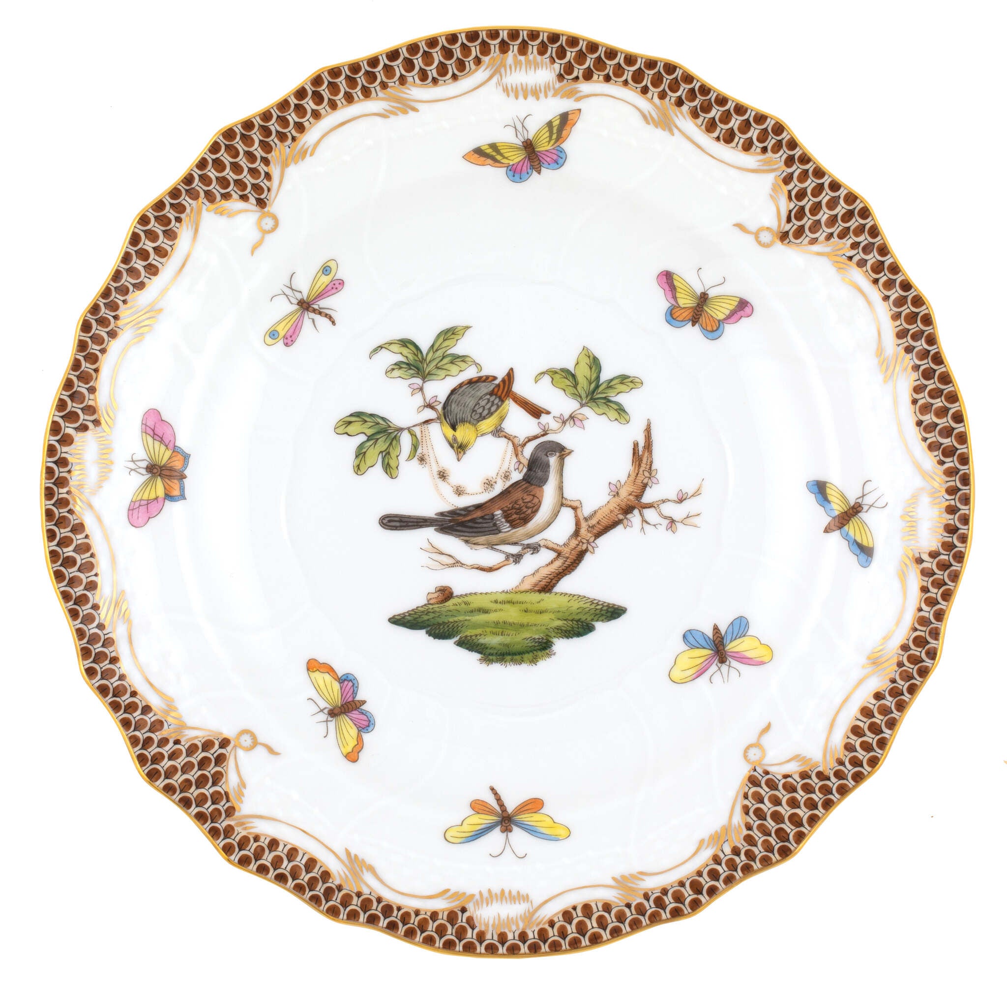 Hand-painted Herend Rothschild Bird Brown Border Salad Plate in fine porcelain, 7.5in D,, Motif 1, on a white background