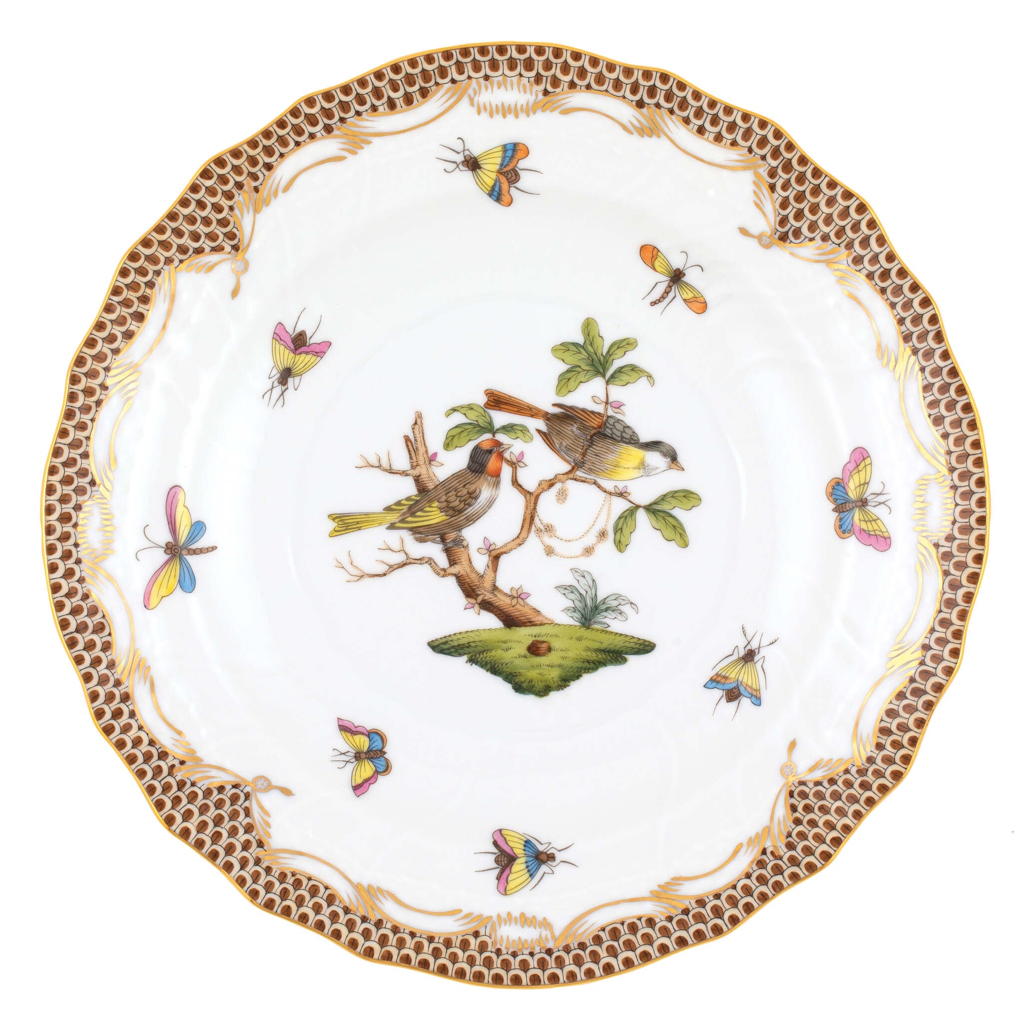 Hand-painted Herend Rothschild Bird Brown Border Salad Plate in fine porcelain, 7.5in D,, Motif 11, on a white background