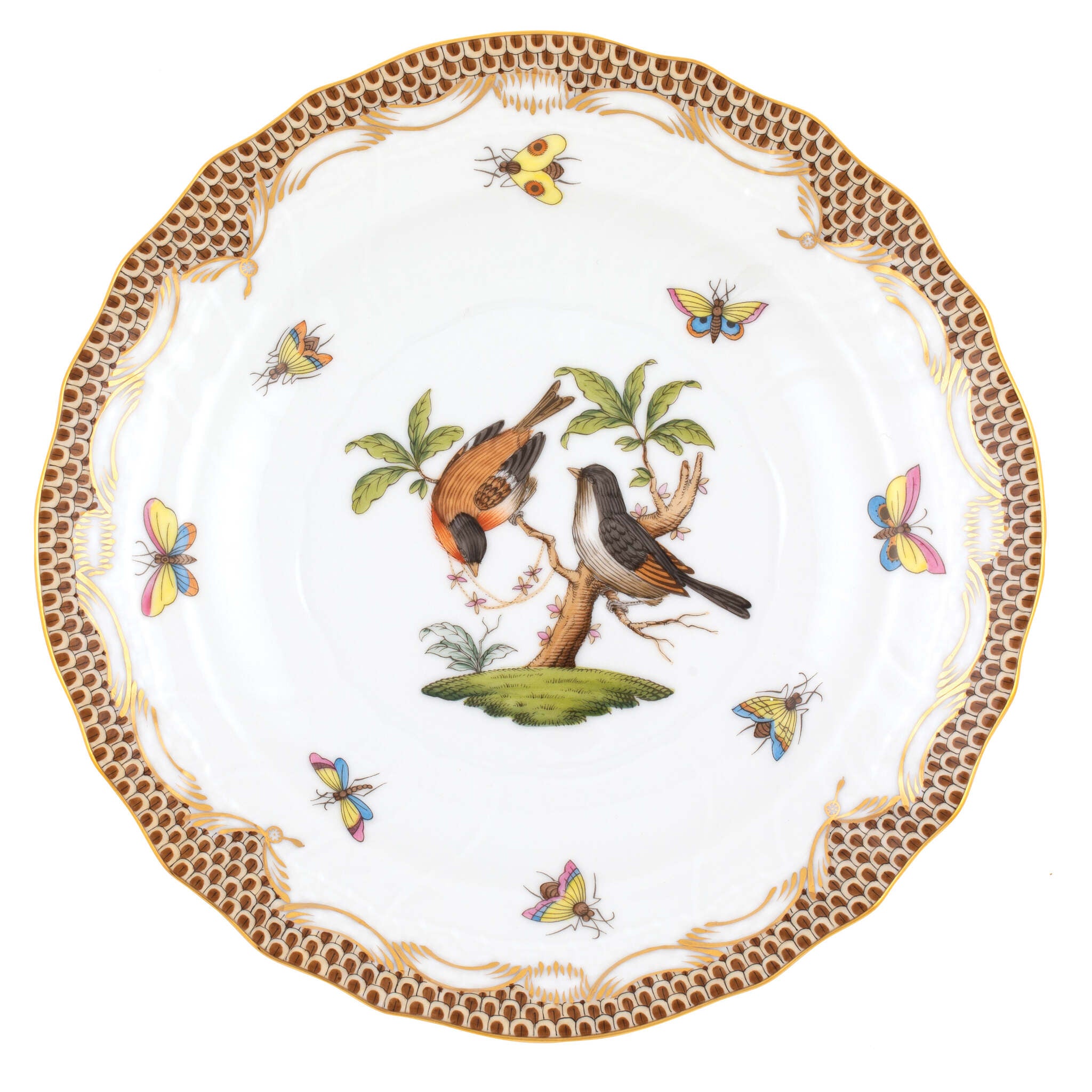 Hand-painted Herend Rothschild Bird Brown Border Salad Plate in fine porcelain, 7.5in D,, Motif 12, on a white background