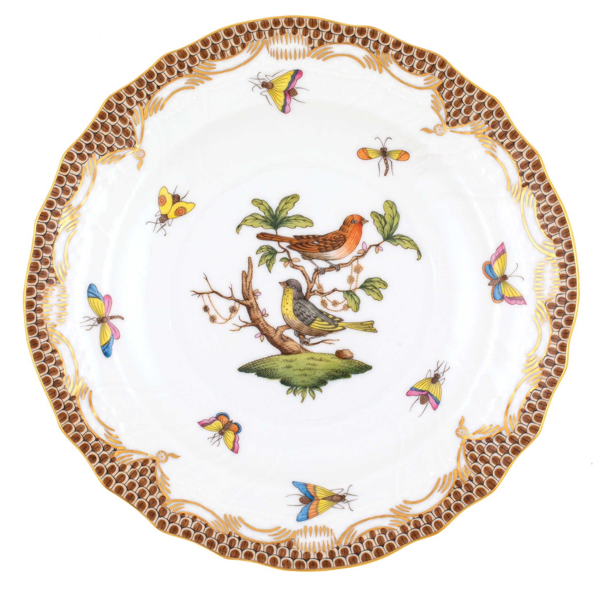 Hand-painted Herend Rothschild Bird Brown Border Salad Plate in fine porcelain, 7.5in D,, Motif 3, on a white background