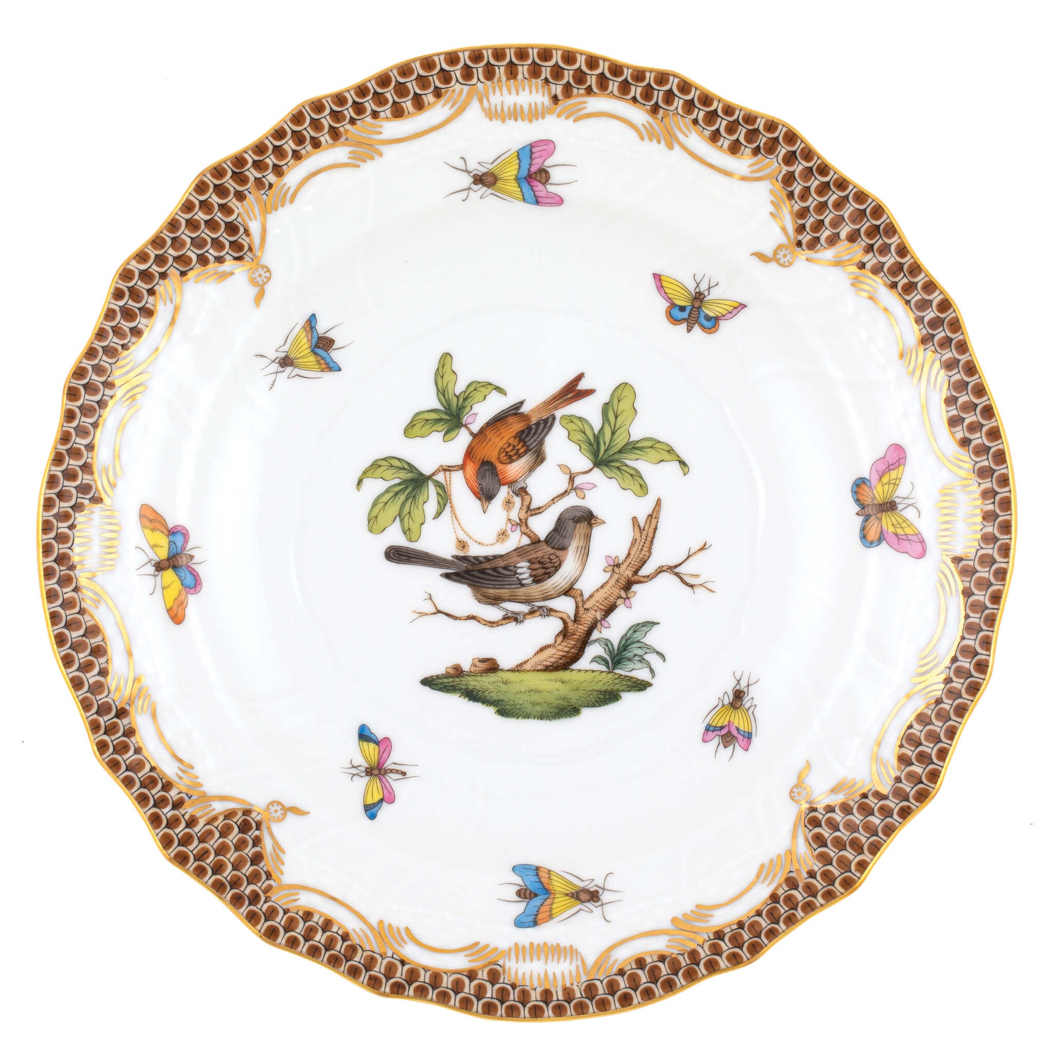 Hand-painted Herend Rothschild Bird Brown Border Salad Plate in fine porcelain, 7.5in D,, Motif 4, on a white background