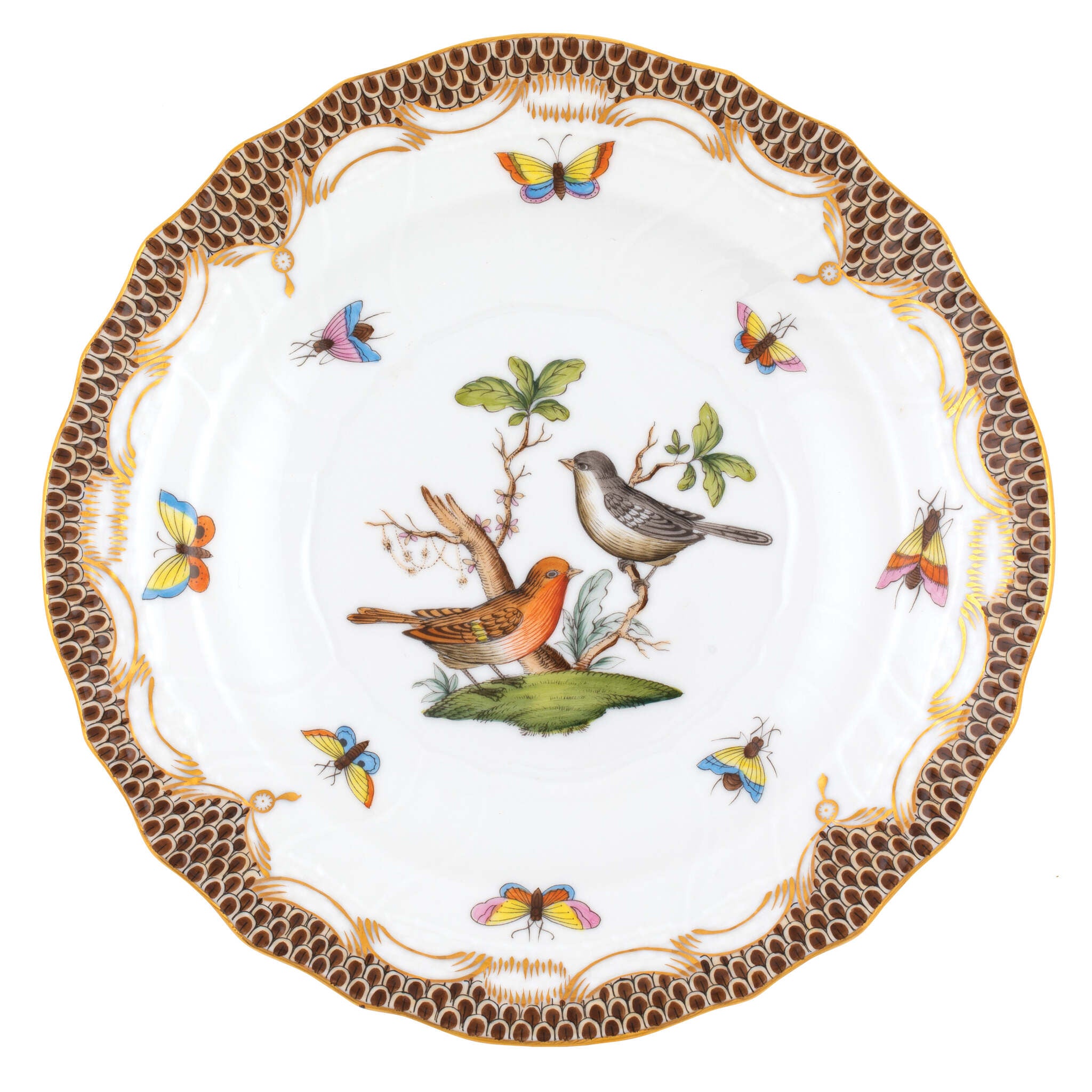 Hand-painted Herend Rothschild Bird Brown Border Salad Plate in fine porcelain, 7.5in D,, Motif 5, on a white background