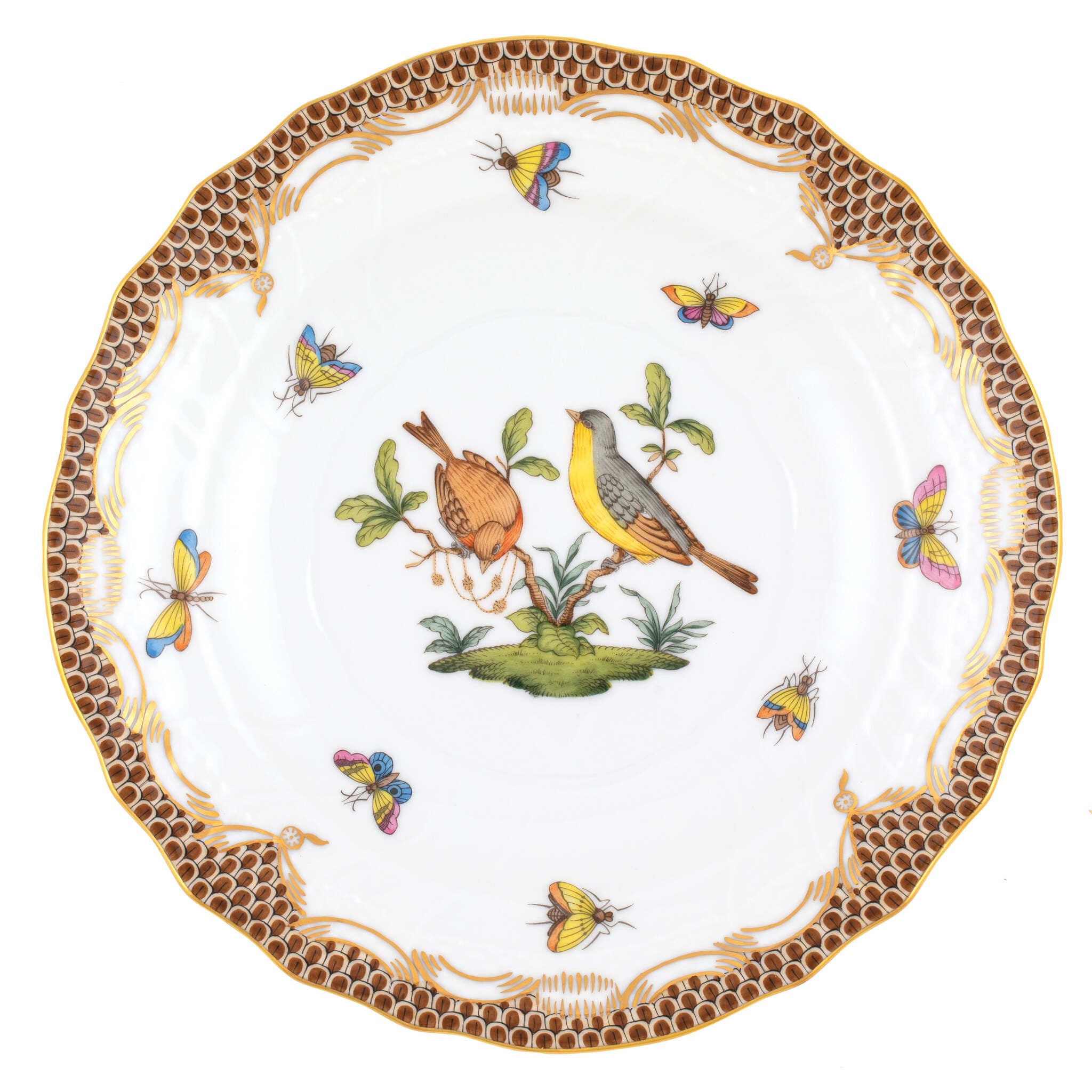 Hand-painted Herend Rothschild Bird Brown Border Salad Plate in fine porcelain, 7.5in D,, Motif 7, on a white background