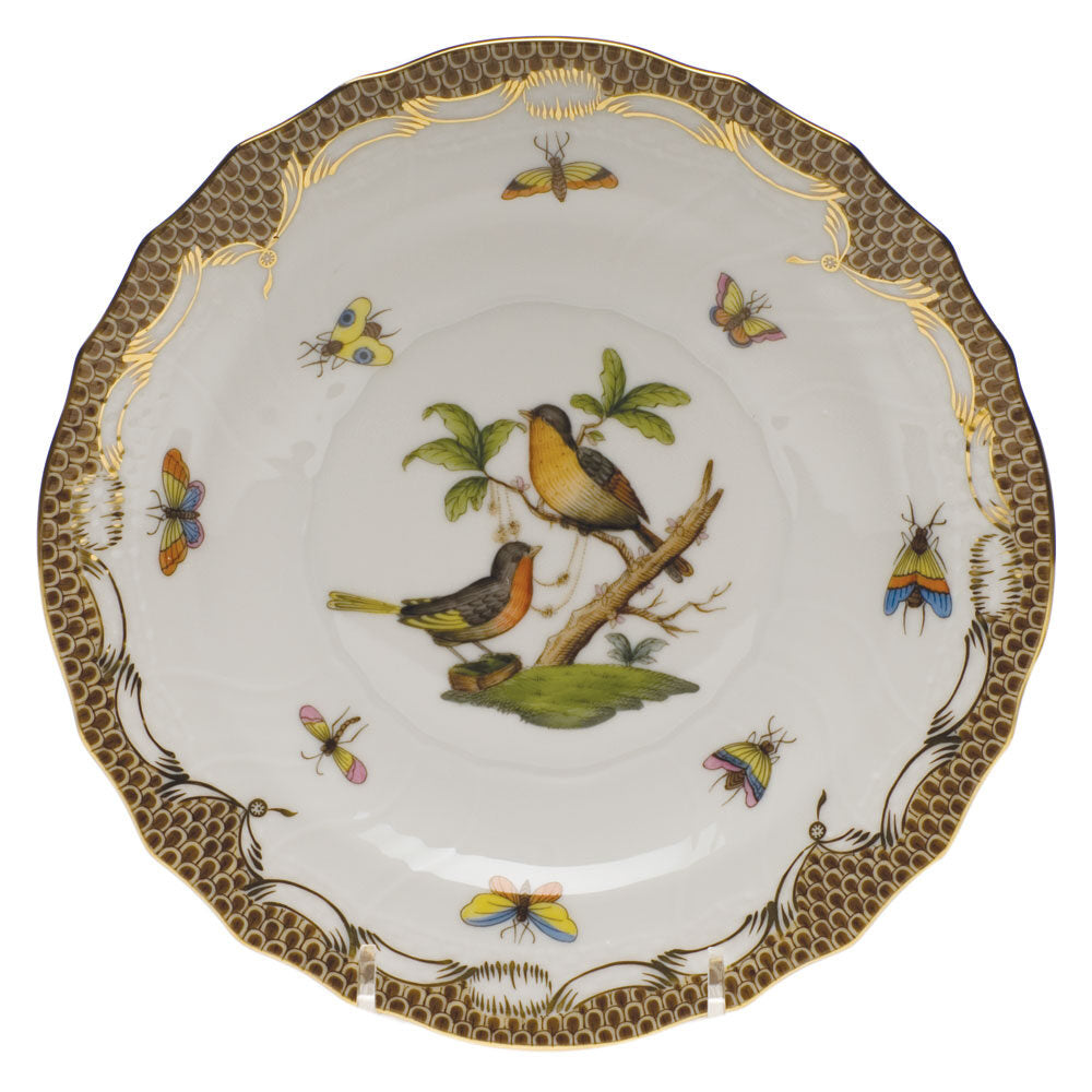 Hand-painted Herend Rothschild Bird Brown Border Salad Plate in fine porcelain, 7.5in D,, Motif 8, on a white background