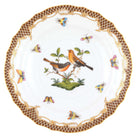 Hand-painted Herend Rothschild Bird Brown Border Salad Plate in fine porcelain, 7.5in D,, Motif 9, on a white background