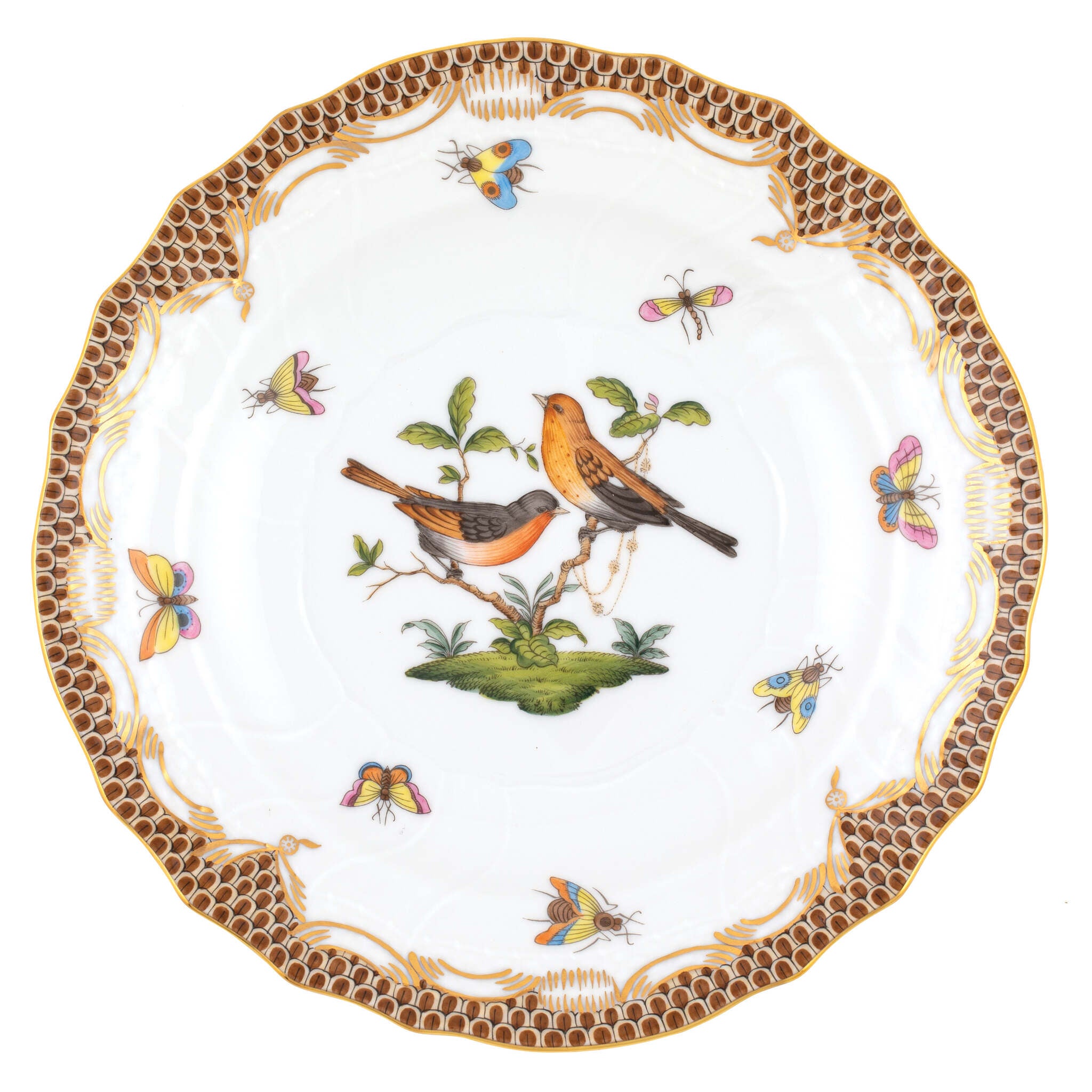 Hand-painted Herend Rothschild Bird Brown Border Salad Plate in fine porcelain, 7.5in D,, Motif 9, on a white background