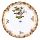 Hand-painted Herend Rothschild Bird Brown Border Tea Saucer Cup & Saucer Set in fine porcelain, 6in D,, Motif 1, on a white background
