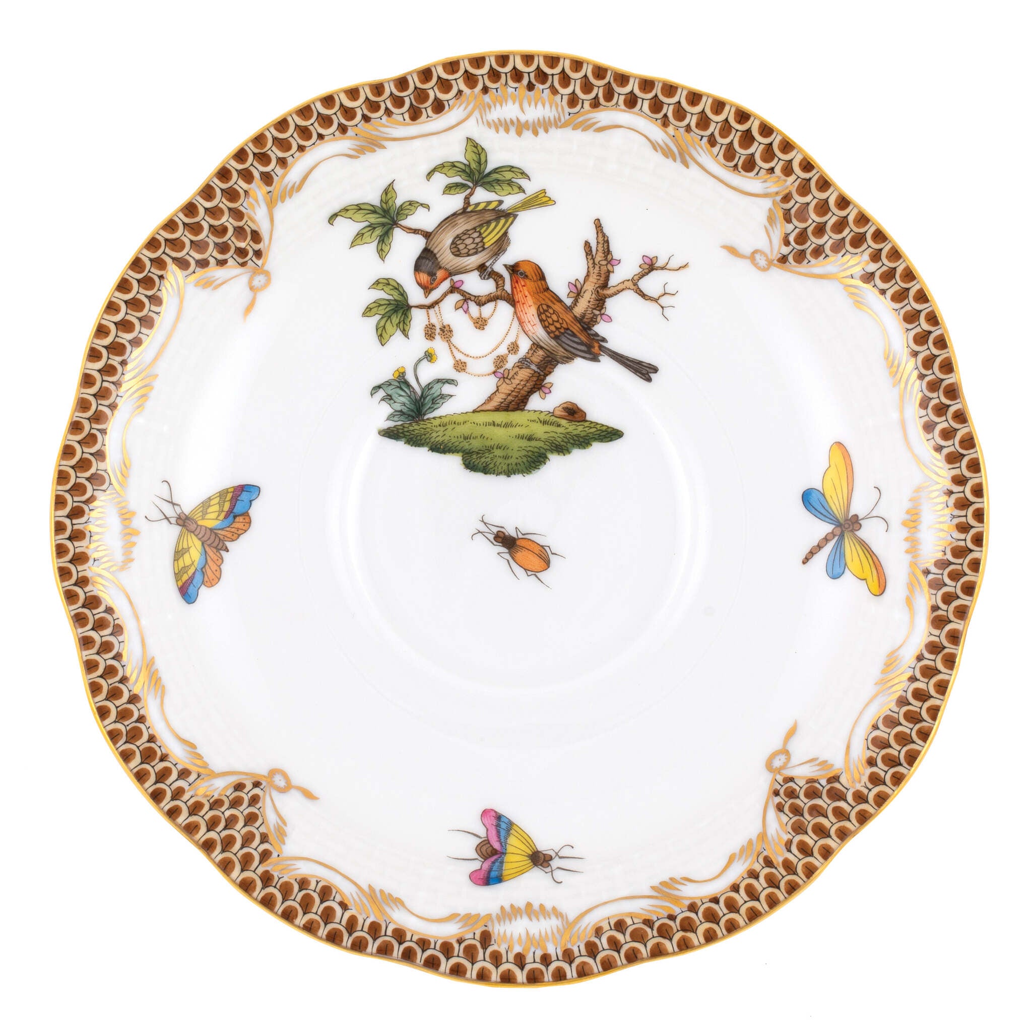 Hand-painted Herend Rothschild Bird Brown Border Tea Saucer Cup & Saucer Set in fine porcelain, 6in D,, Motif 11, on a white background