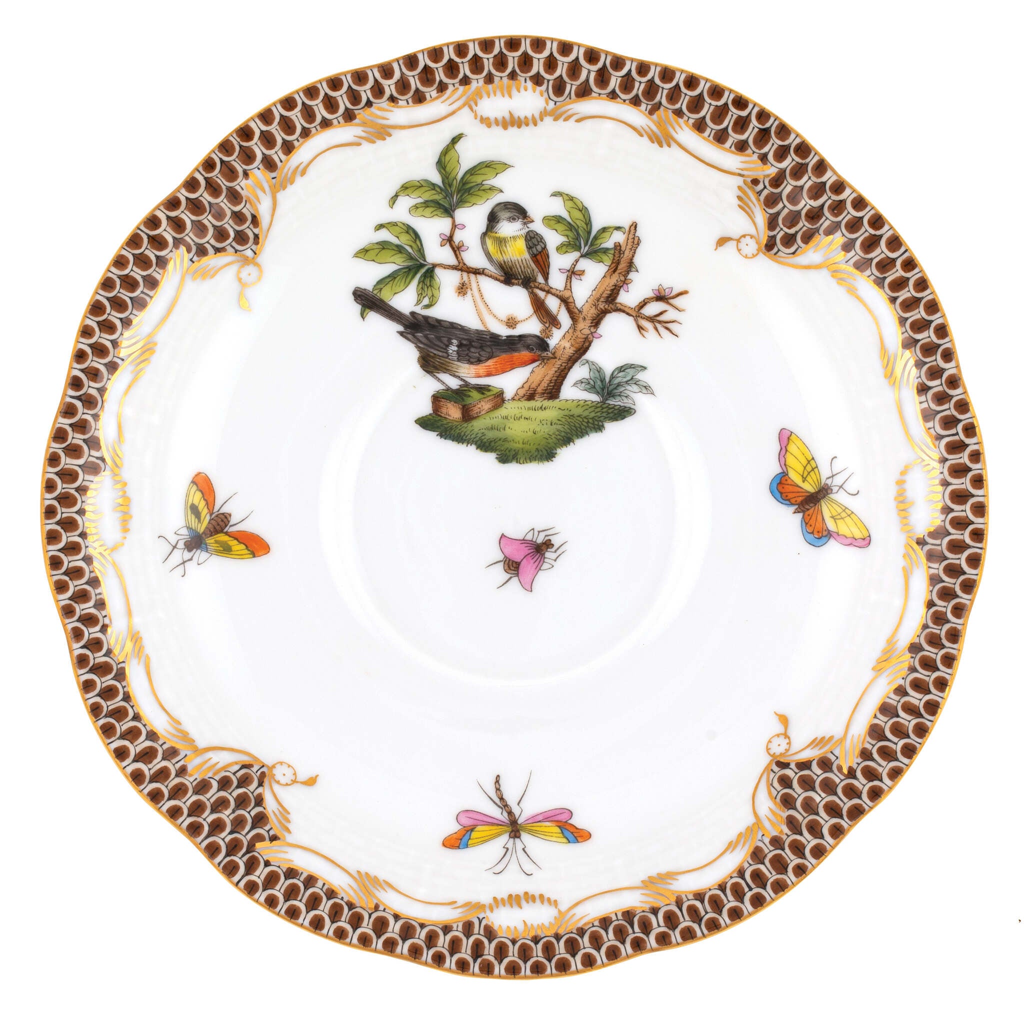 Hand-painted Herend Rothschild Bird Brown Border Tea Saucer Cup & Saucer Set in fine porcelain, 6in D,, Motif 2, on a white background