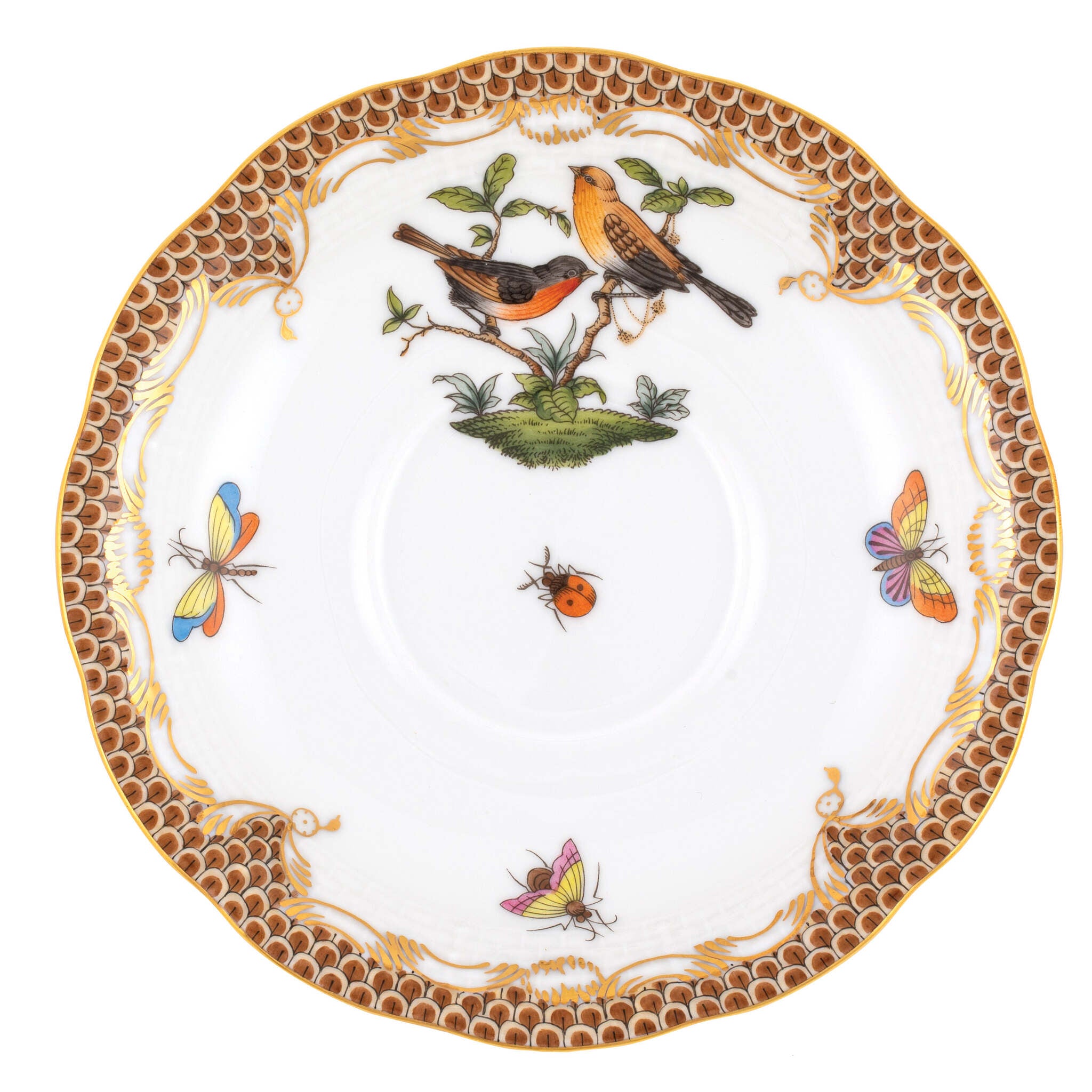 Hand-painted Herend Rothschild Bird Brown Border Tea Saucer Cup & Saucer Set in fine porcelain, 6in D,, Motif 9, on a white background