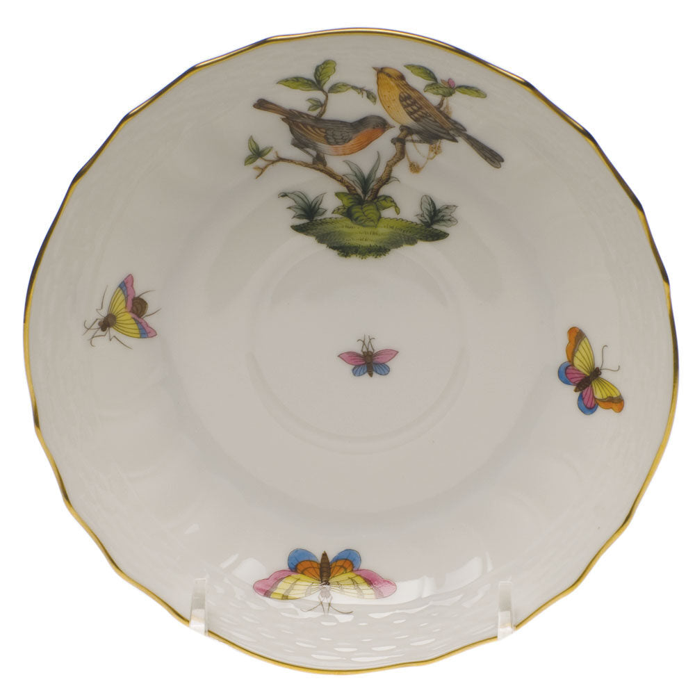 Hand-painted Herend Rothschild Bird Canton Saucer in fine porcelain, 5.5in D,, Motif 9, on a white background
