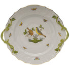 Hand-painted Herend Rothschild Bird Chop Plate with Handles in fine porcelain, 12in D, on a white background