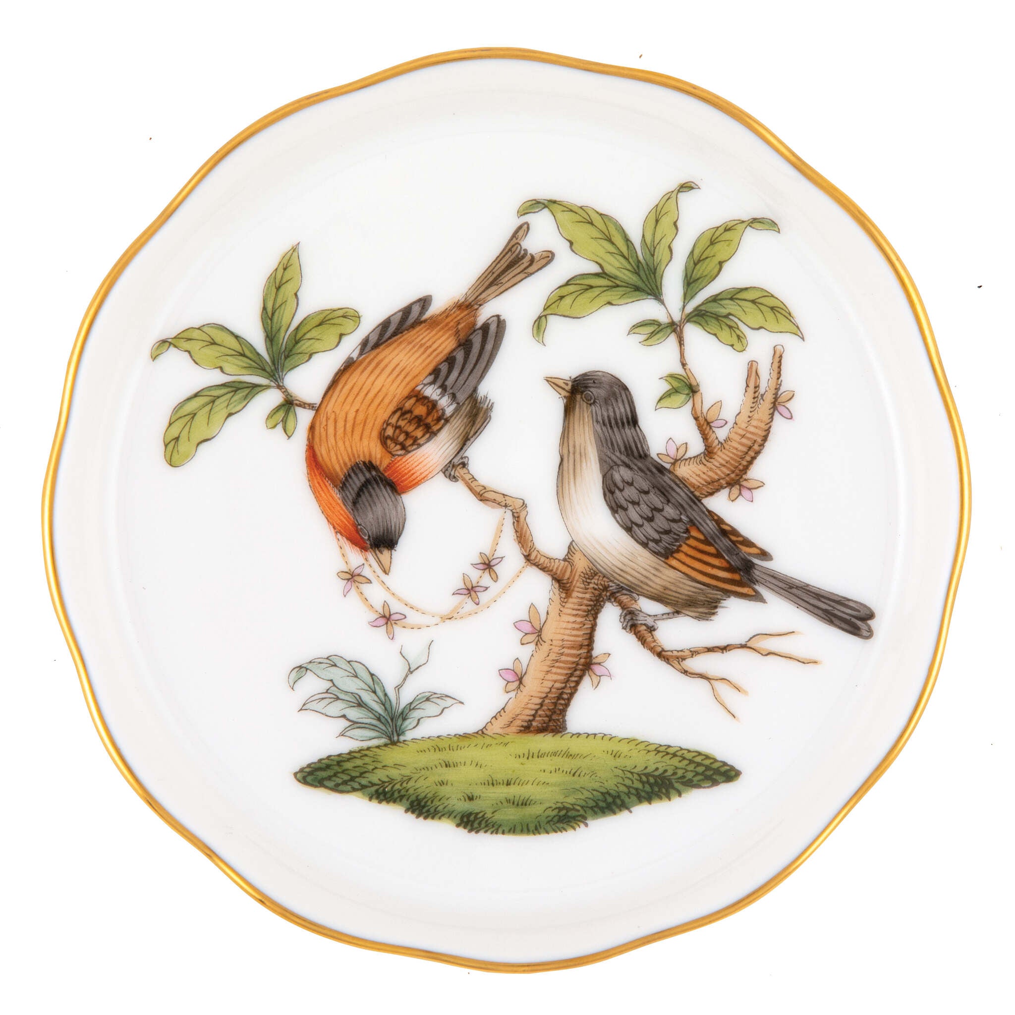 Hand-painted Herend Rothschild Bird Coaster in fine porcelain, 4in D,, Motif 12, on a white background