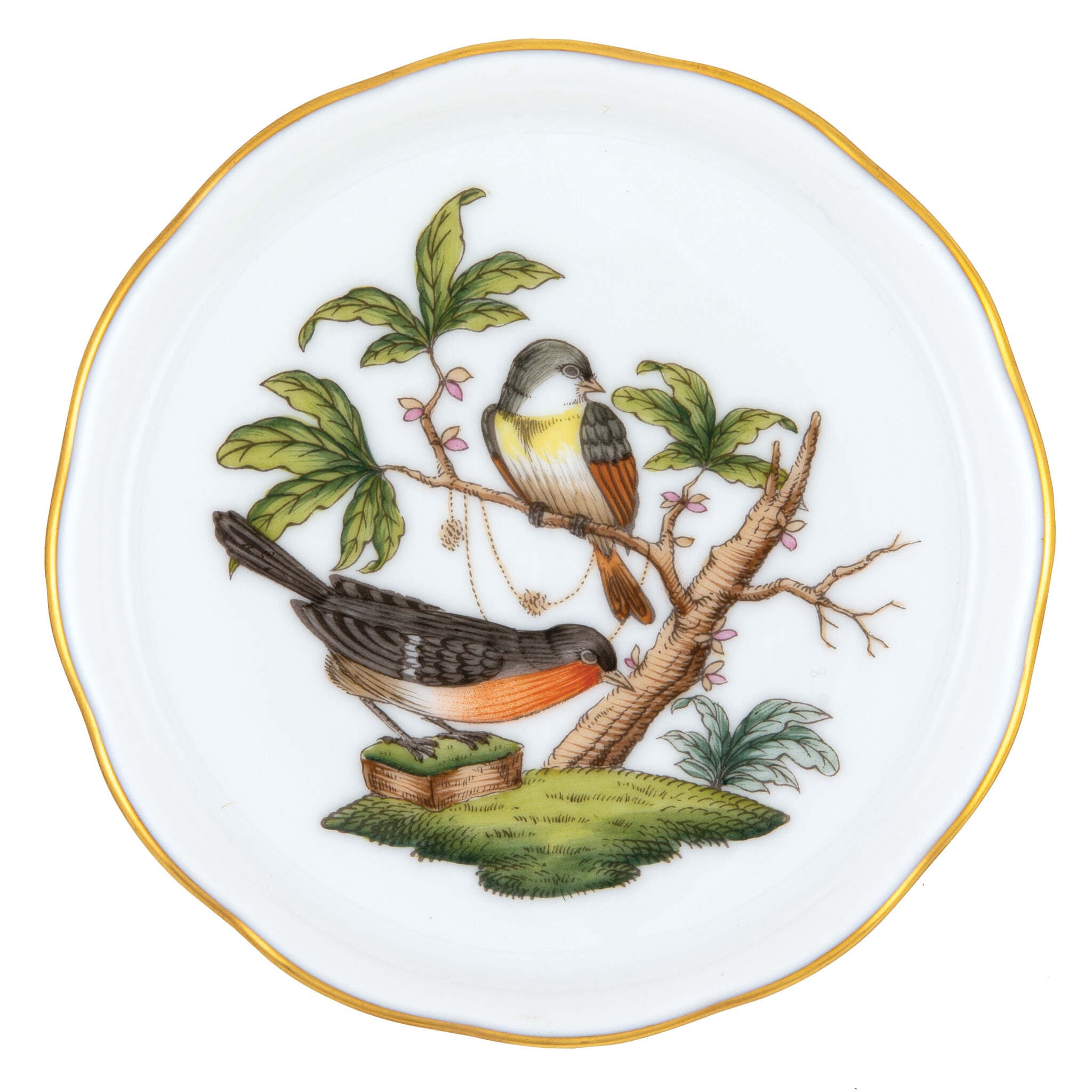 Hand-painted Herend Rothschild Bird Coaster in fine porcelain, 4in D,, Motif 2, on a white background
