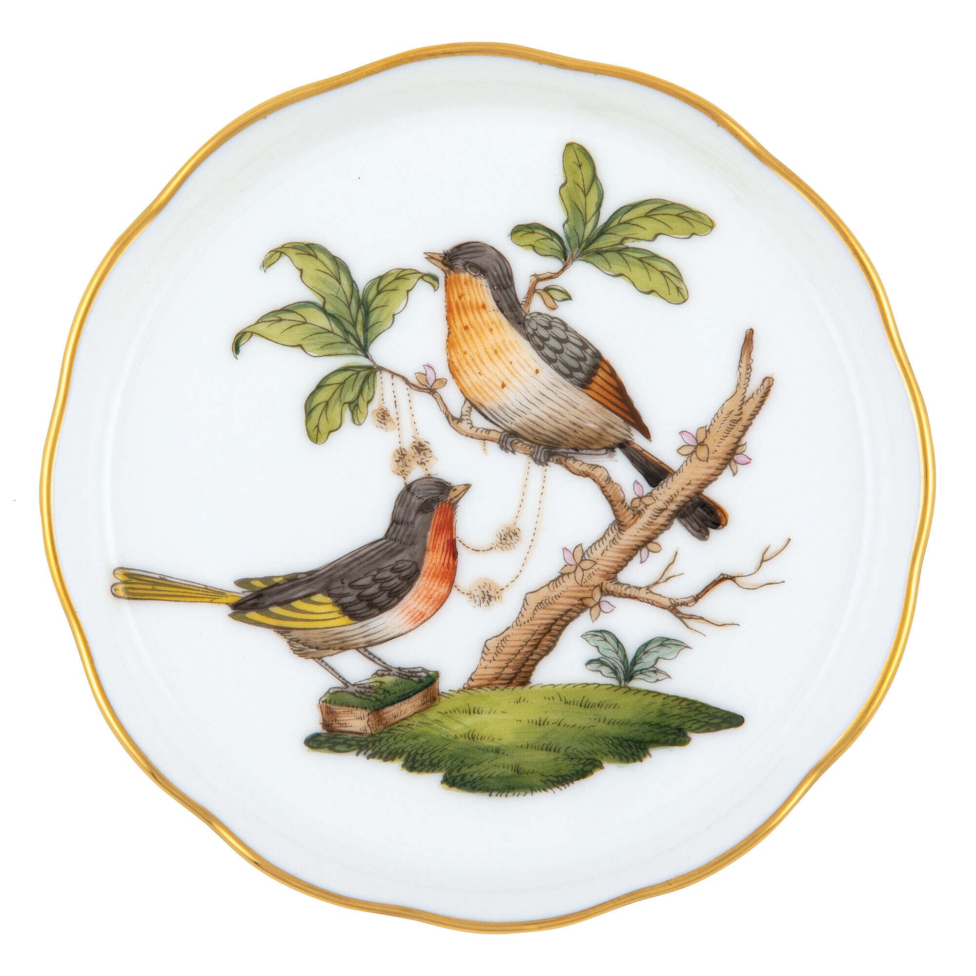 Hand-painted Herend Rothschild Bird Coaster in fine porcelain, 4in D,, Motif 8, on a white background