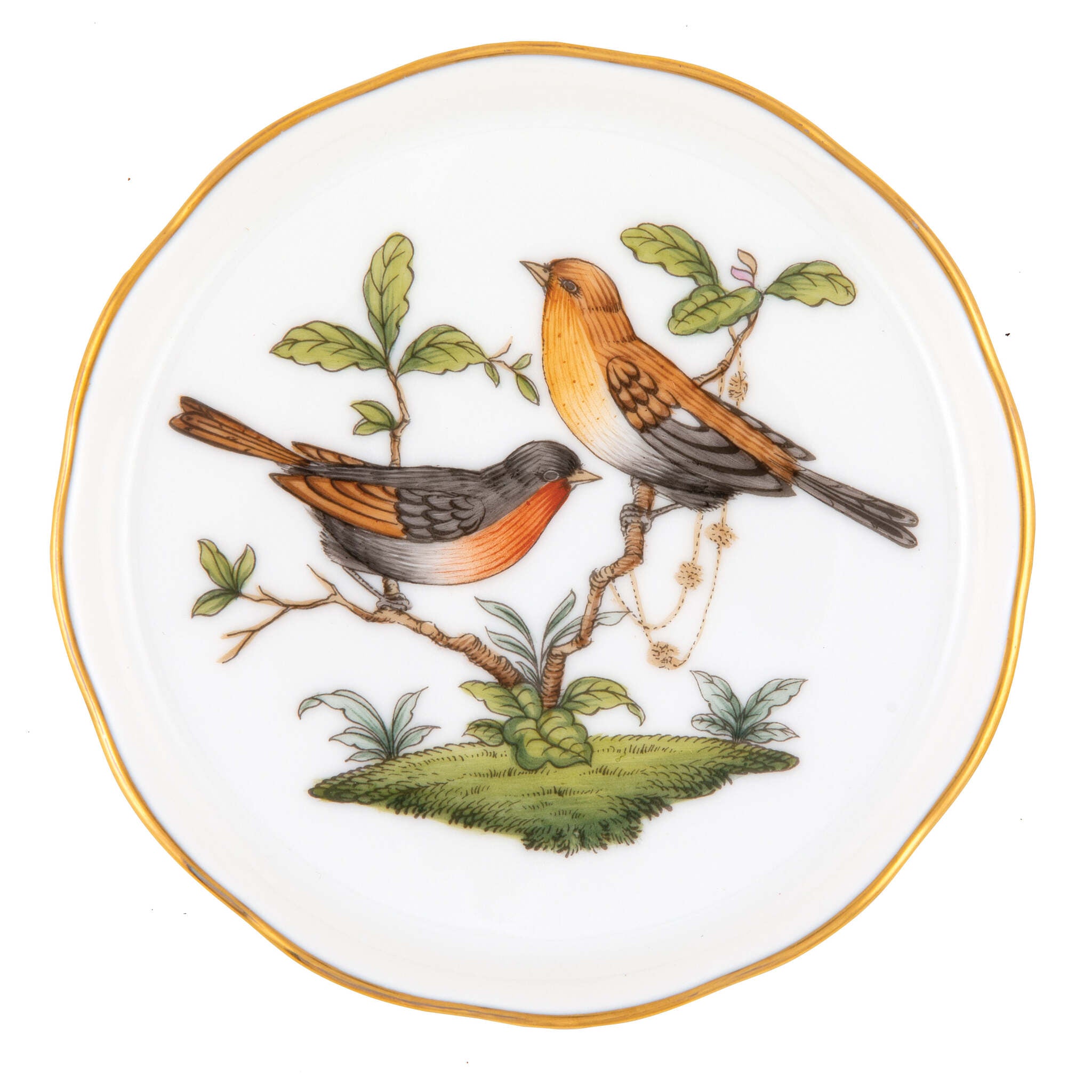 Hand-painted Herend Rothschild Bird Coaster in fine porcelain, 4in D,, Motif 9, on a white background