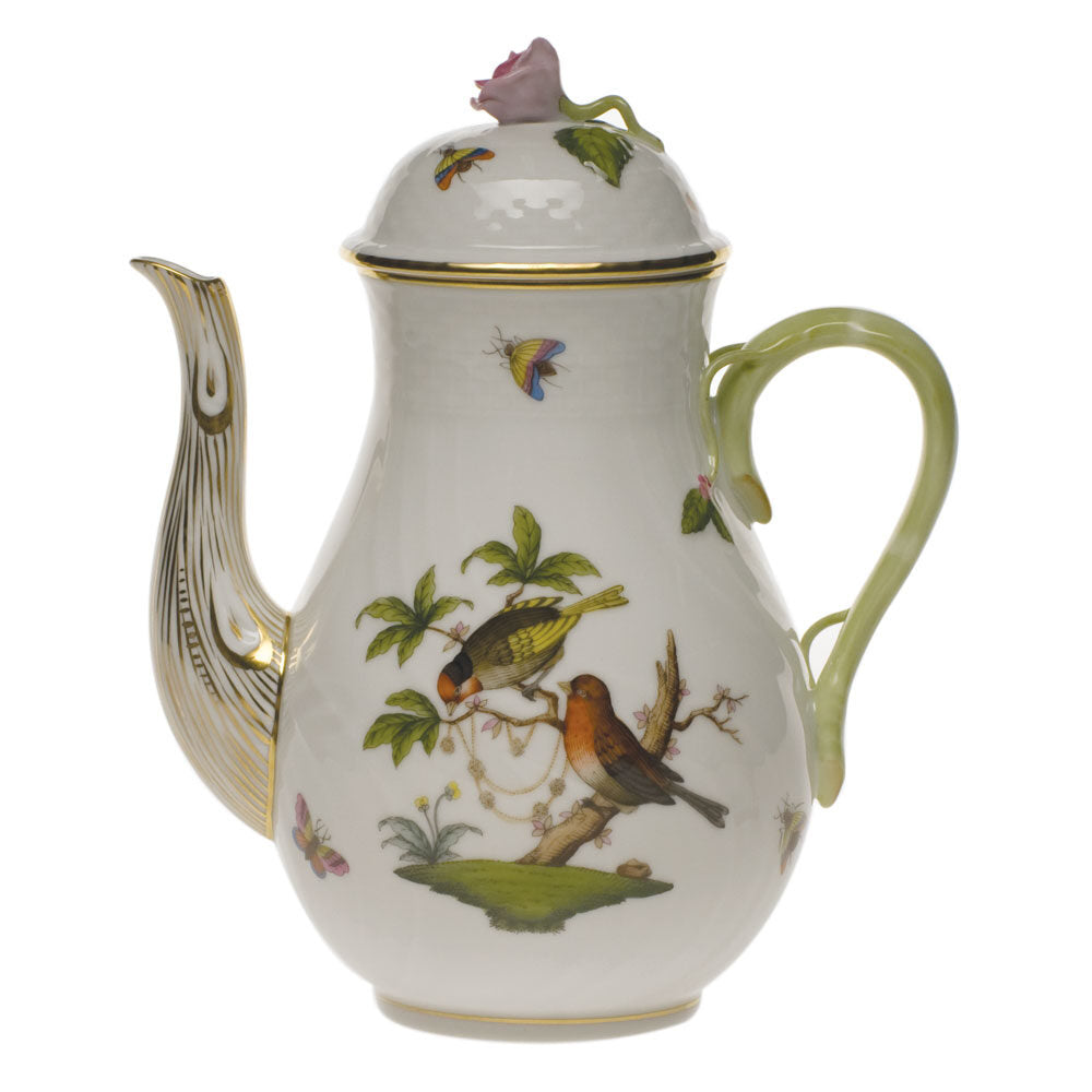 Hand-painted Herend Rothschild Bird Coffee Pot with Rose Coffeepot in fine porcelain, (36 OZ) 8.5in H, on a white background