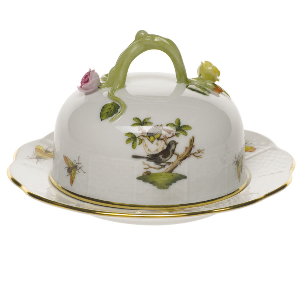 Hand-painted Herend Rothschild Bird Covered Butter Dish in fine porcelain, 6in D X 3.5in H, on a white background