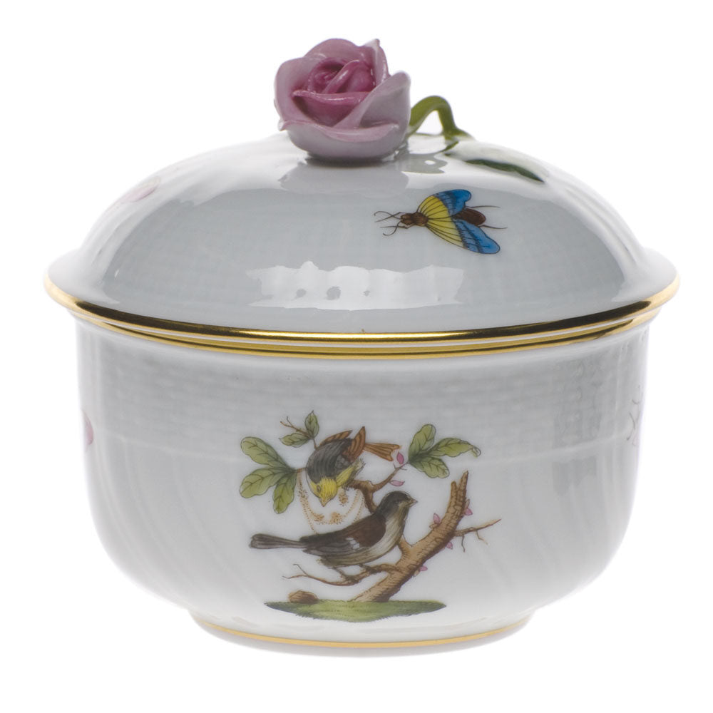 Hand-painted Herend Rothschild Bird Covered Sugar with Rose Sugar Bowl in fine porcelain, (6 OZ) 4in H, on a white background