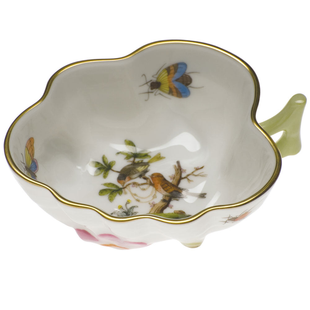 Hand-painted Herend Rothschild Bird Deep Leaf Dish in fine porcelain, 4in L X 3in W, on a white background