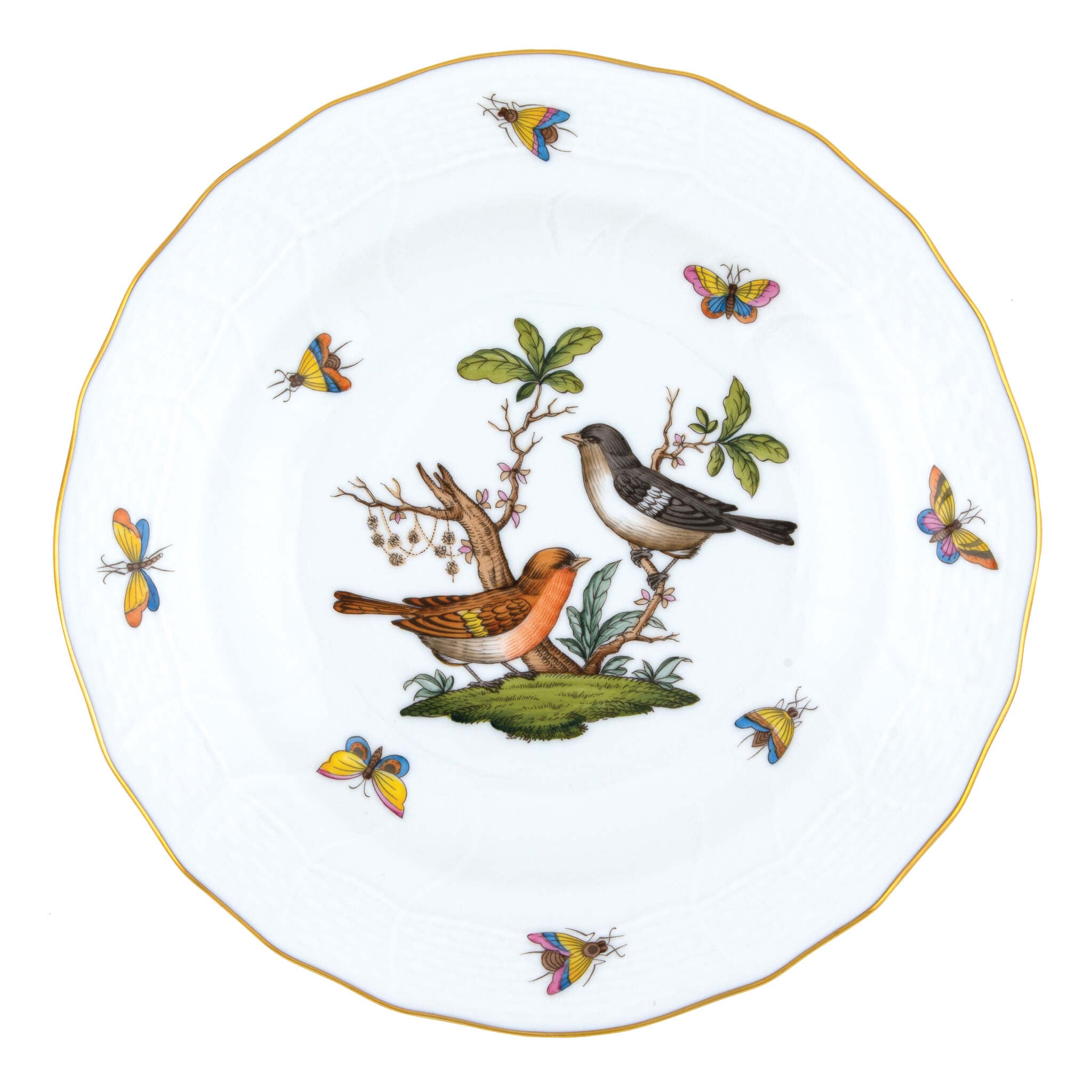 Hand-painted Herend Rothschild Bird Dessert Plate in fine porcelain, 8.25in D,, Motif 5, on a white background