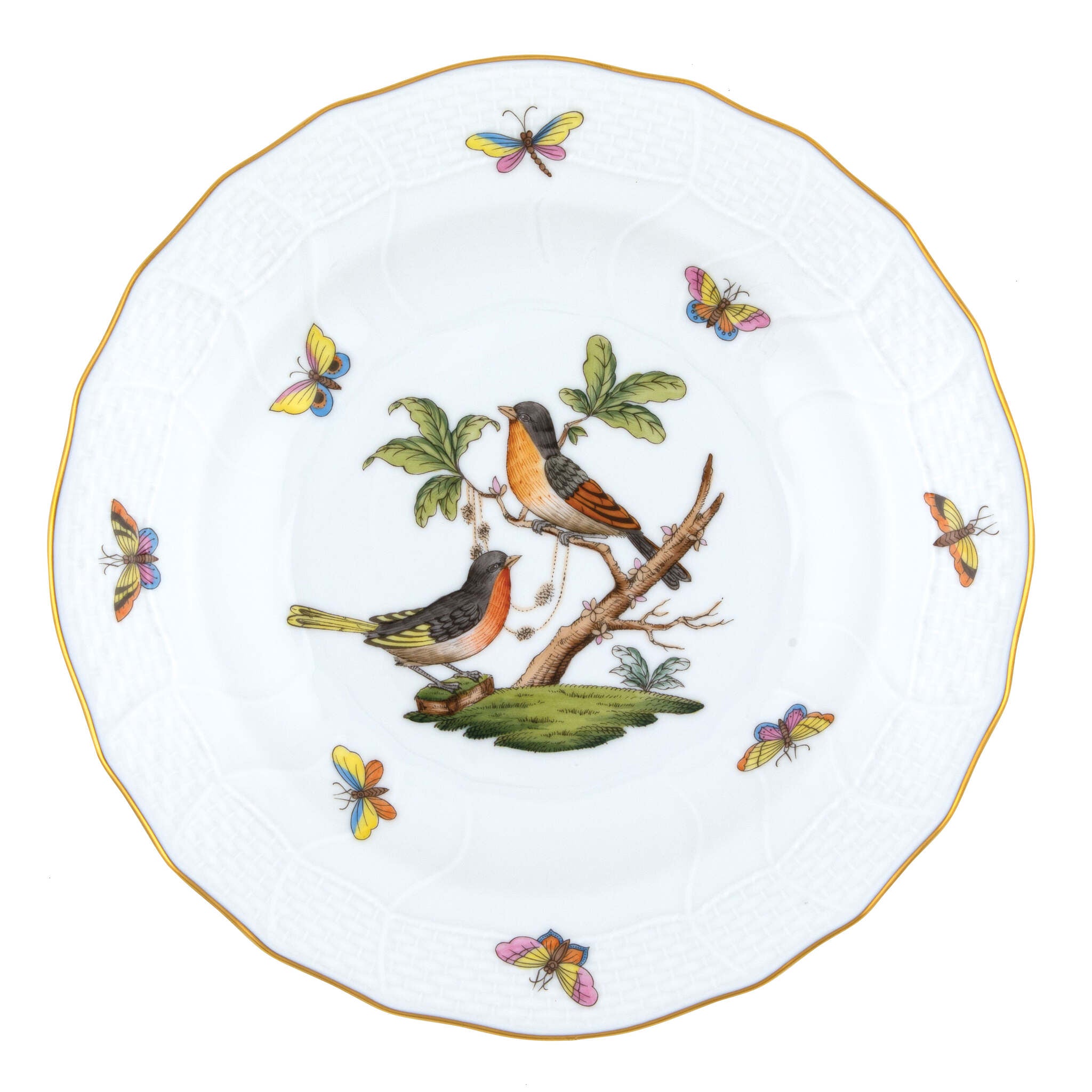 Hand-painted Herend Rothschild Bird Dessert Plate in fine porcelain, 8.25in D,, Motif 8, on a white background
