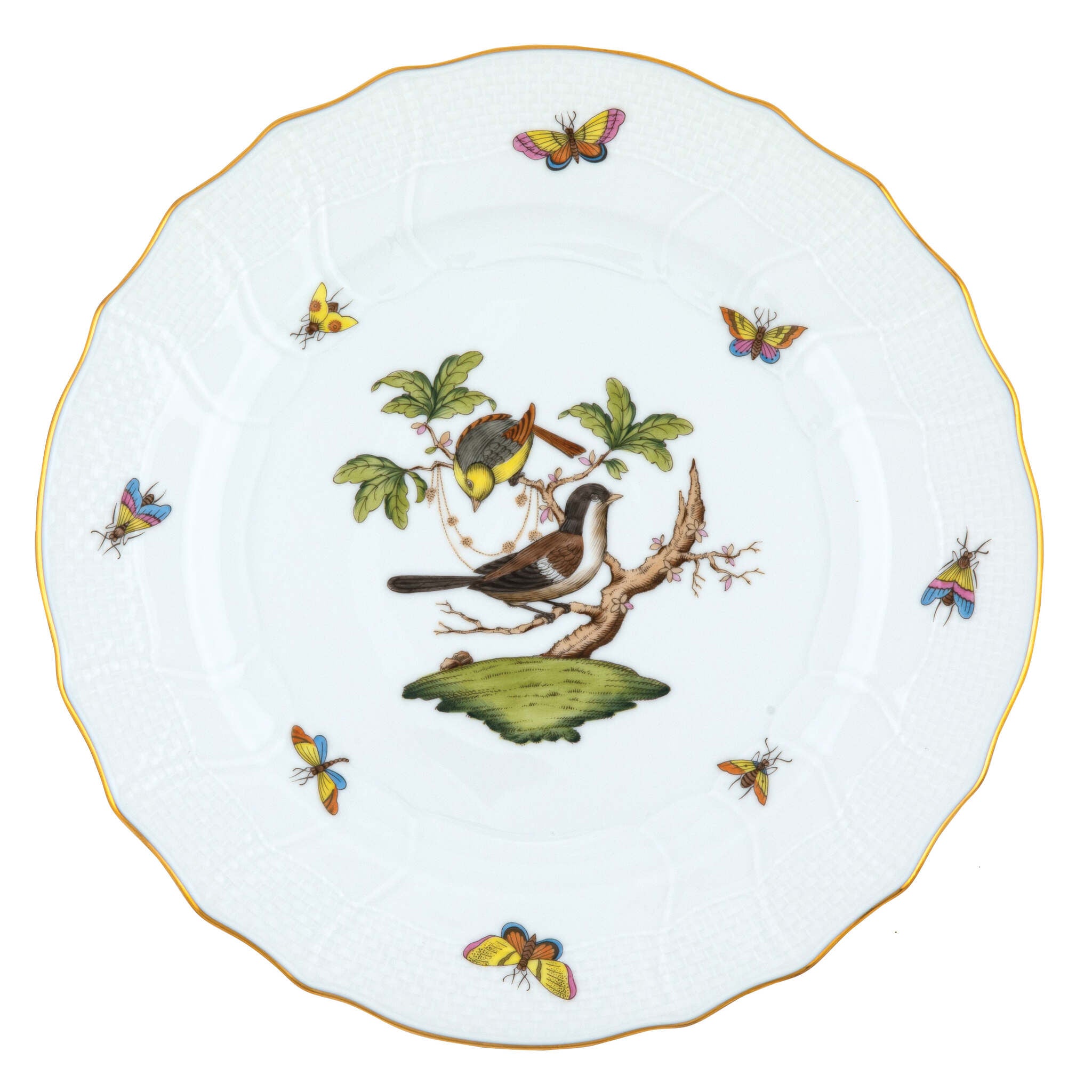 Hand-painted Herend Rothschild Bird Dinner Plate in fine porcelain, 10.5in D,, Motif 1, on a white background