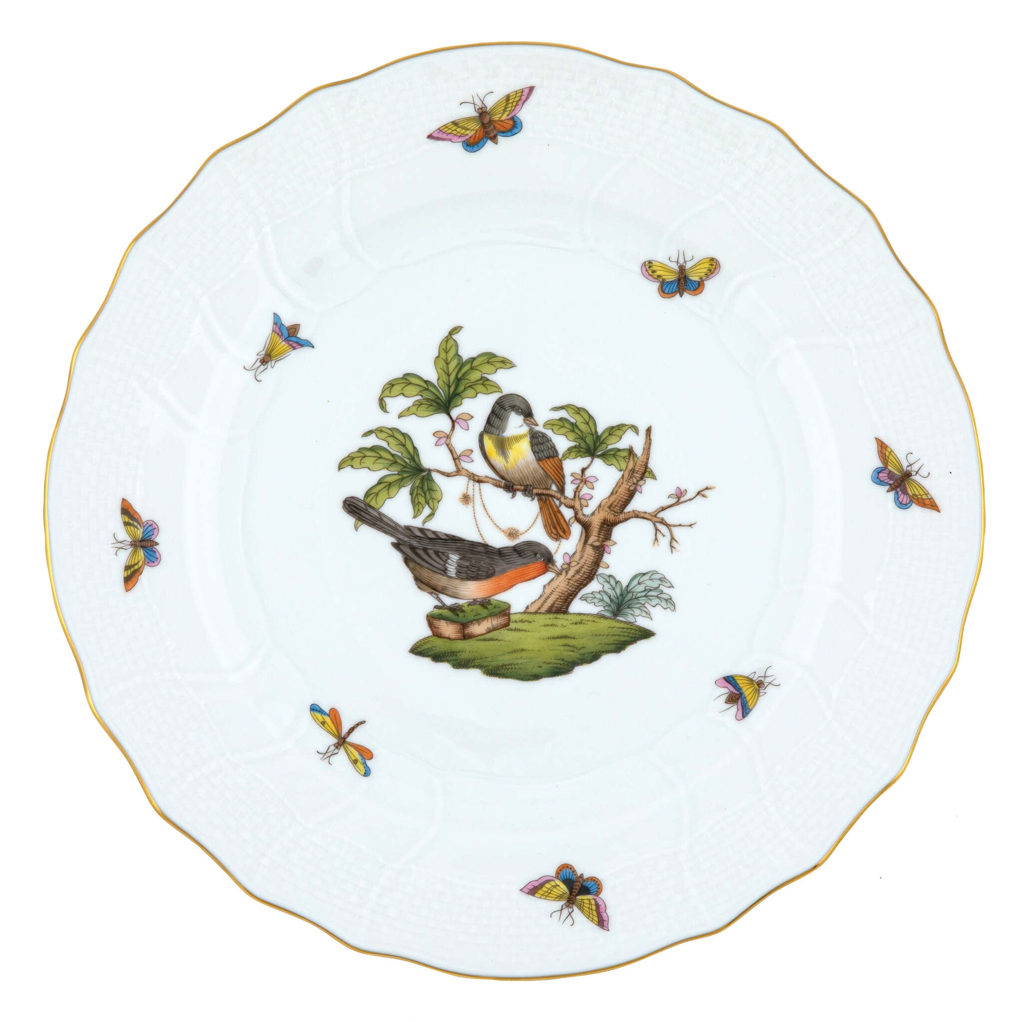 Hand-painted Herend Rothschild Bird Dinner Plate in fine porcelain, 10.5in D,, Motif 2, on a white background