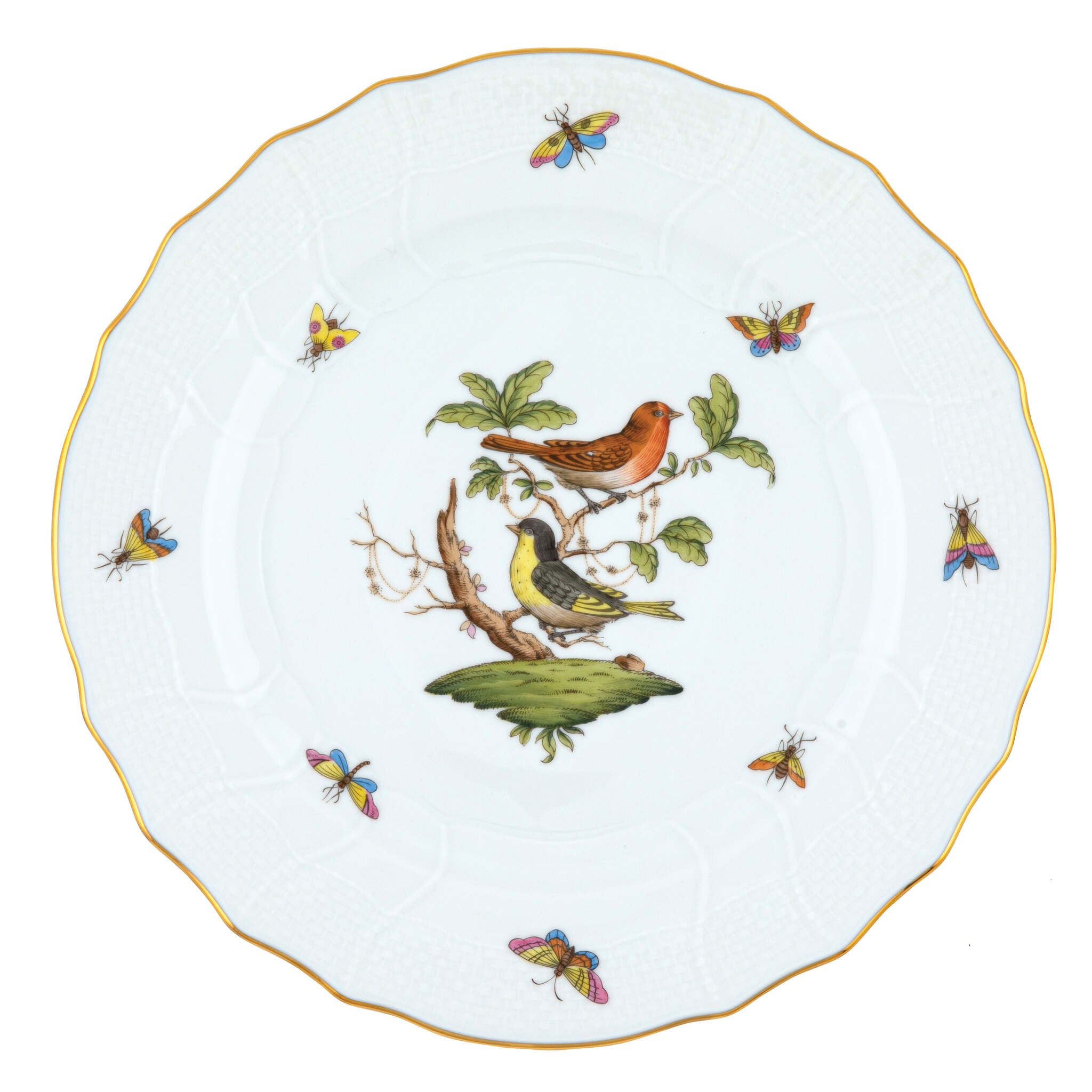 Hand-painted Herend Rothschild Bird Dinner Plate in fine porcelain, 10.5in D,, Motif 3, on a white background
