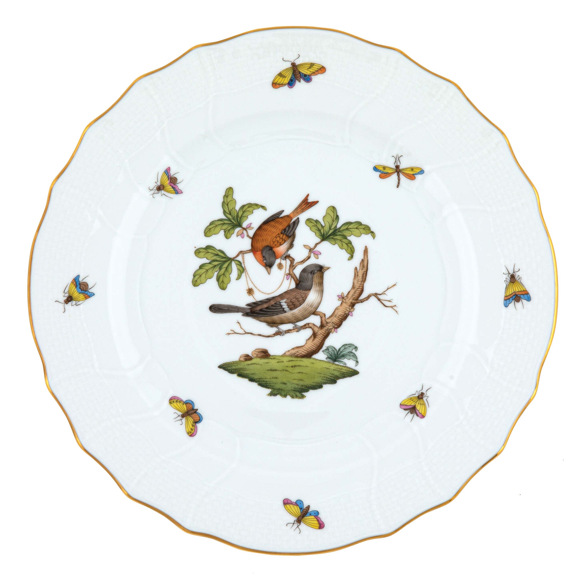 Hand-painted Herend Rothschild Bird Dinner Plate in fine porcelain, 10.5in D,, Motif 4, on a white background