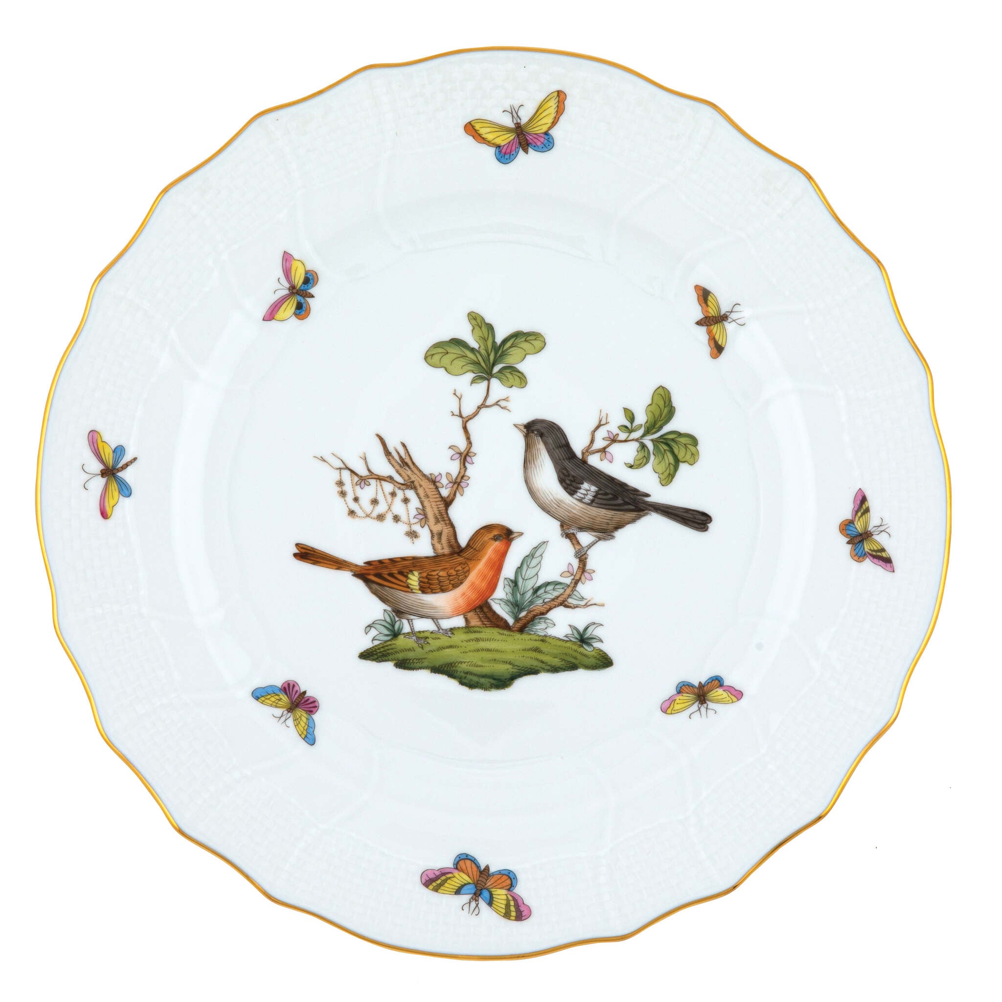 Hand-painted Herend Rothschild Bird Dinner Plate in fine porcelain, 10.5in D,, Motif 5, on a white background