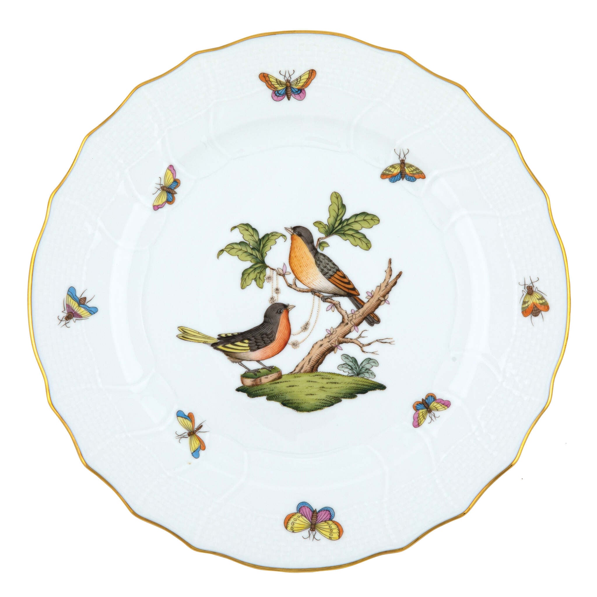 Hand-painted Herend Rothschild Bird Dinner Plate in fine porcelain, 10.5in D,, Motif 8, on a white background