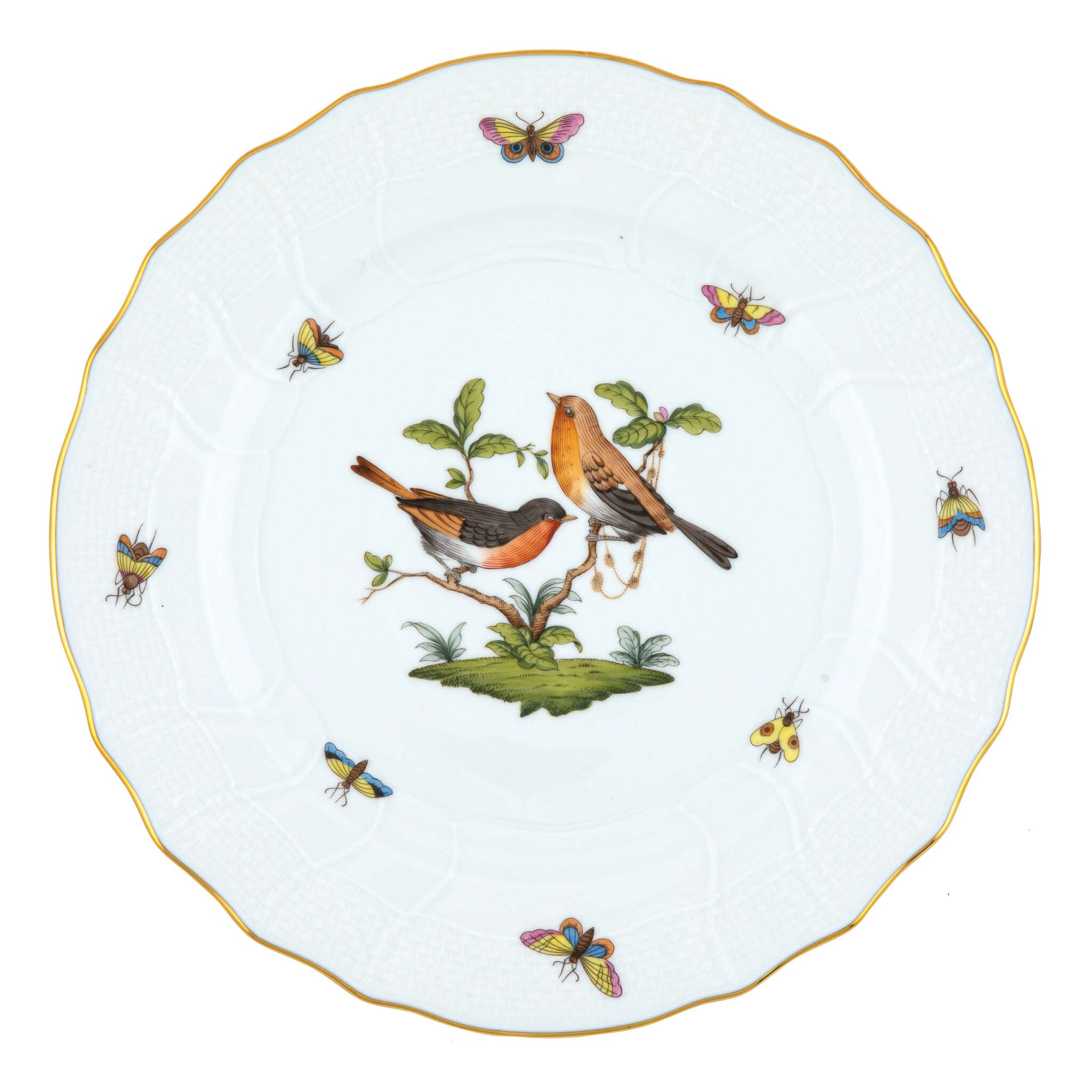 Hand-painted Herend Rothschild Bird Dinner Plate in fine porcelain, 10.5in D,, Motif 9, on a white background
