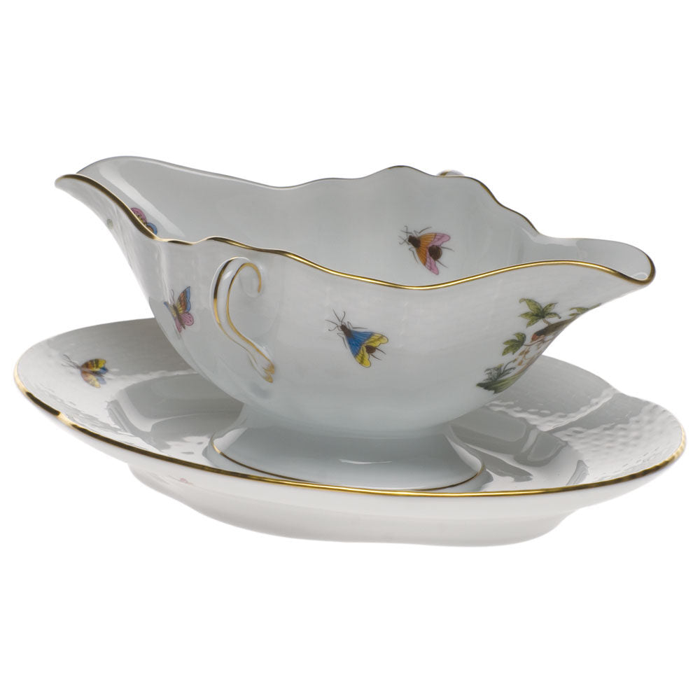 Hand-painted Herend Rothschild Bird Gravy Boat with Fixed Stand in fine porcelain, on a white background