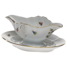 Hand-painted Herend Rothschild Bird Gravy Boat with Fixed Stand in fine porcelain, on a white background
