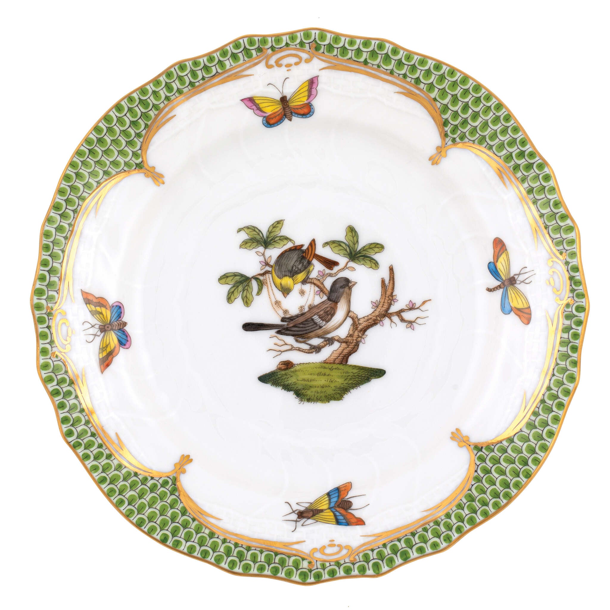 Hand-painted Herend Rothschild Bird Green Border Bread and Butter Plate in fine porcelain, 6in D,, Motif 1, on a white background
