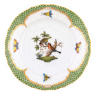Hand-painted Herend Rothschild Bird Green Border Bread and Butter Plate in fine porcelain, 6in D,, Motif 10, on a white background