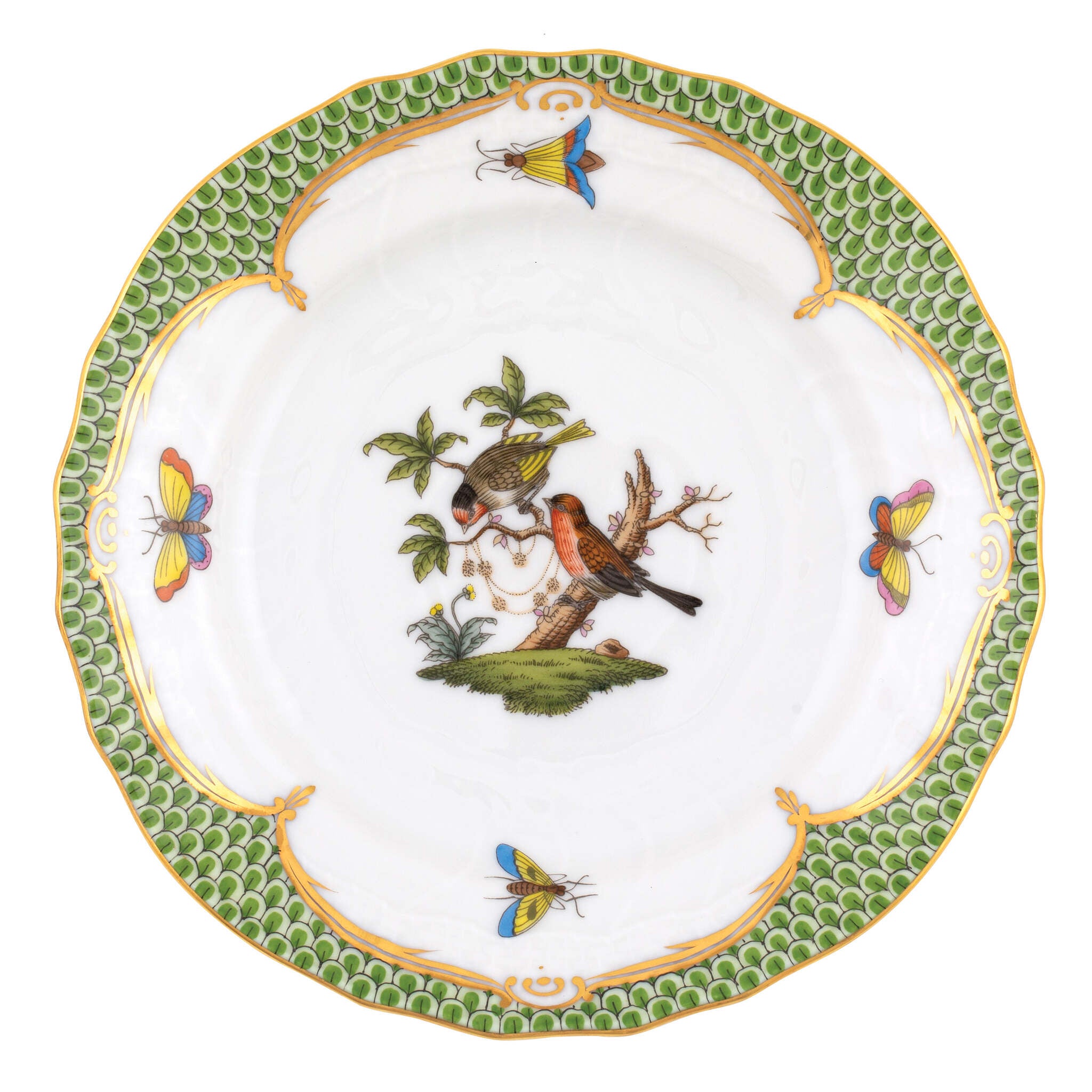Hand-painted Herend Rothschild Bird Green Border Bread and Butter Plate in fine porcelain, 6in D,, Motif 10, on a white background
