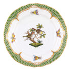 Hand-painted Herend Rothschild Bird Green Border Bread and Butter Plate in fine porcelain, 6in D,, Motif 11, on a white background