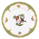 Hand-painted Herend Rothschild Bird Green Border Bread and Butter Plate in fine porcelain, 6in D,, Motif 12, on a white background