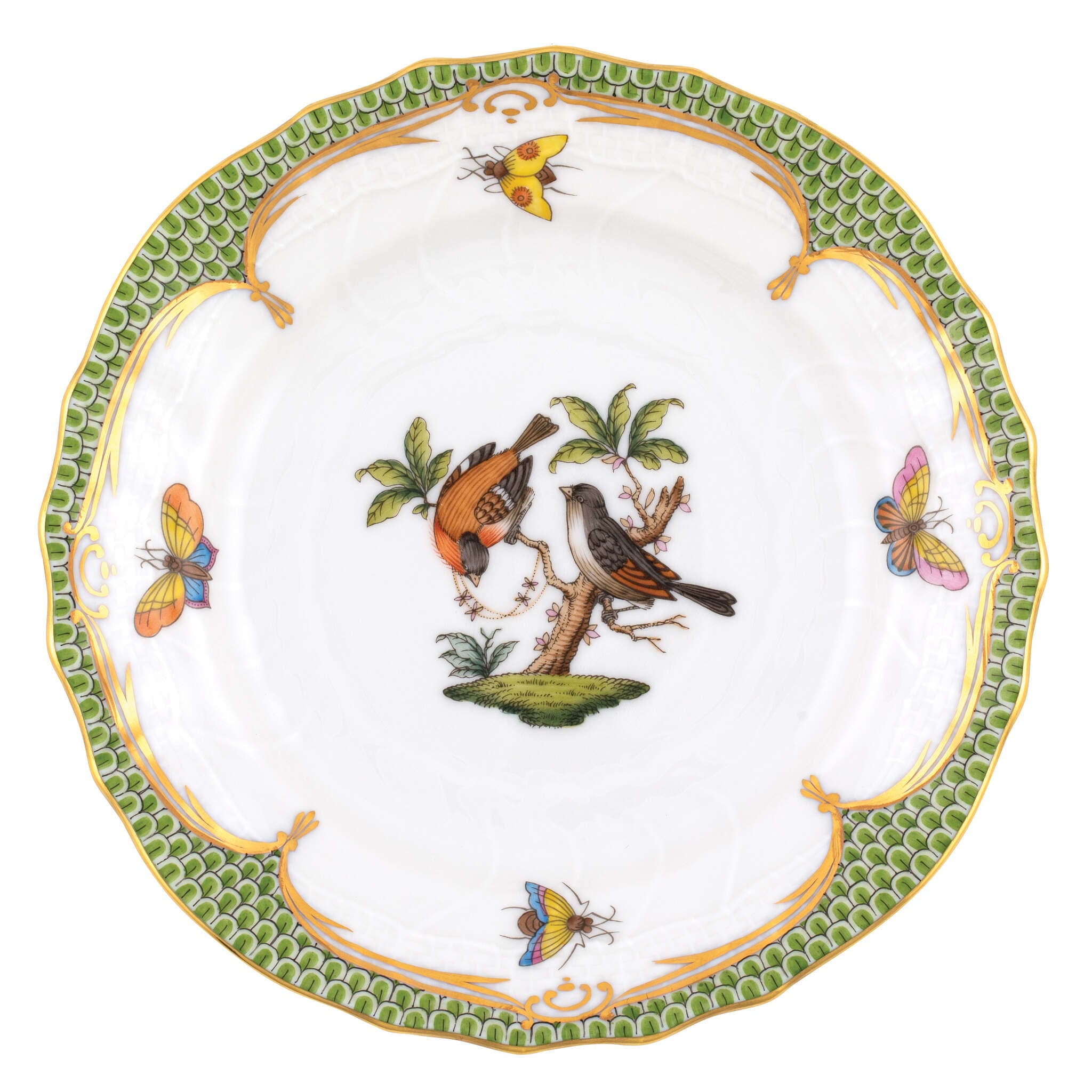 Hand-painted Herend Rothschild Bird Green Border Bread and Butter Plate in fine porcelain, 6in D,, Motif 12, on a white background